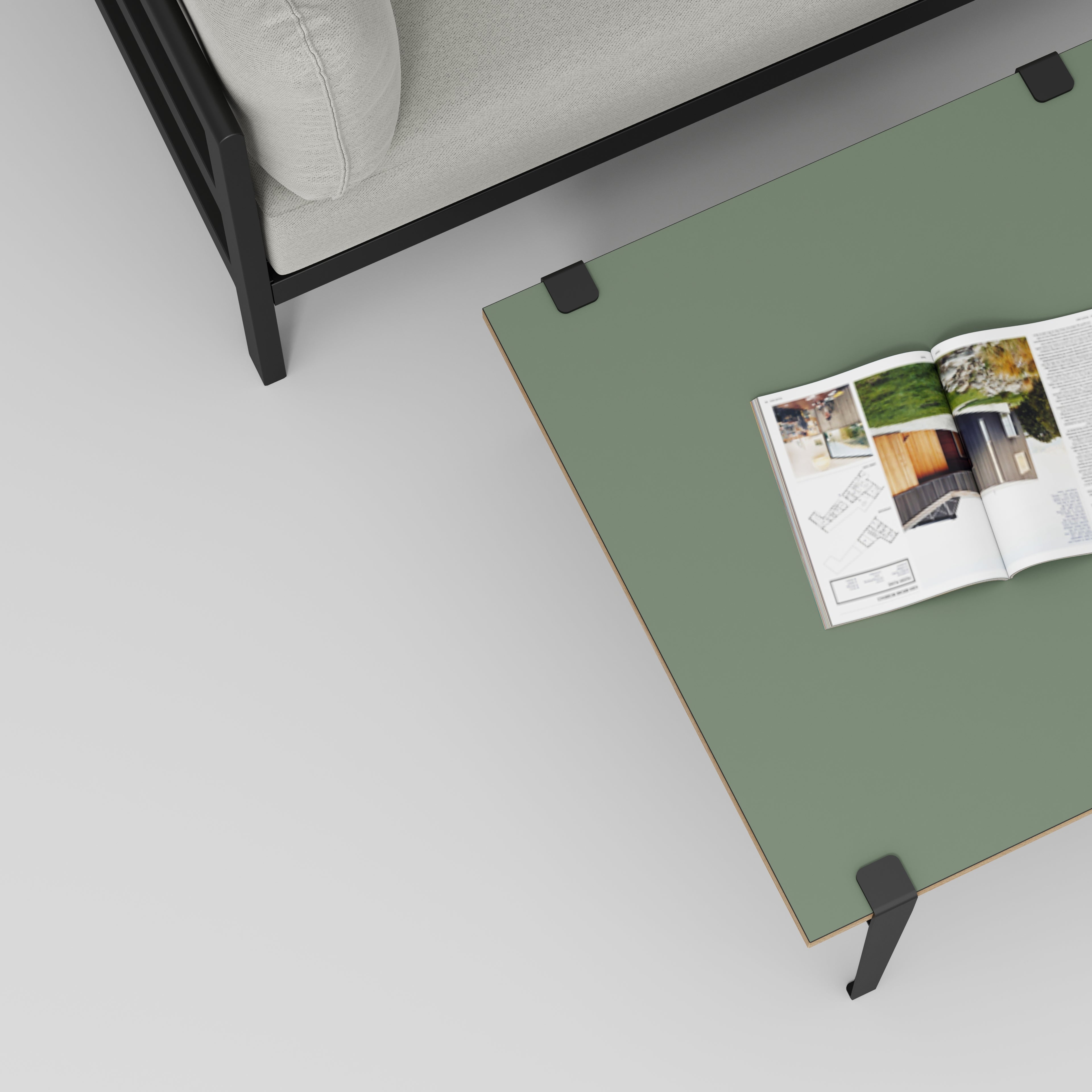 Plywood Coffee Table with Black Tiptoe Legs - Formica Green Slate - 800(w) x 800(d) x 430(h)