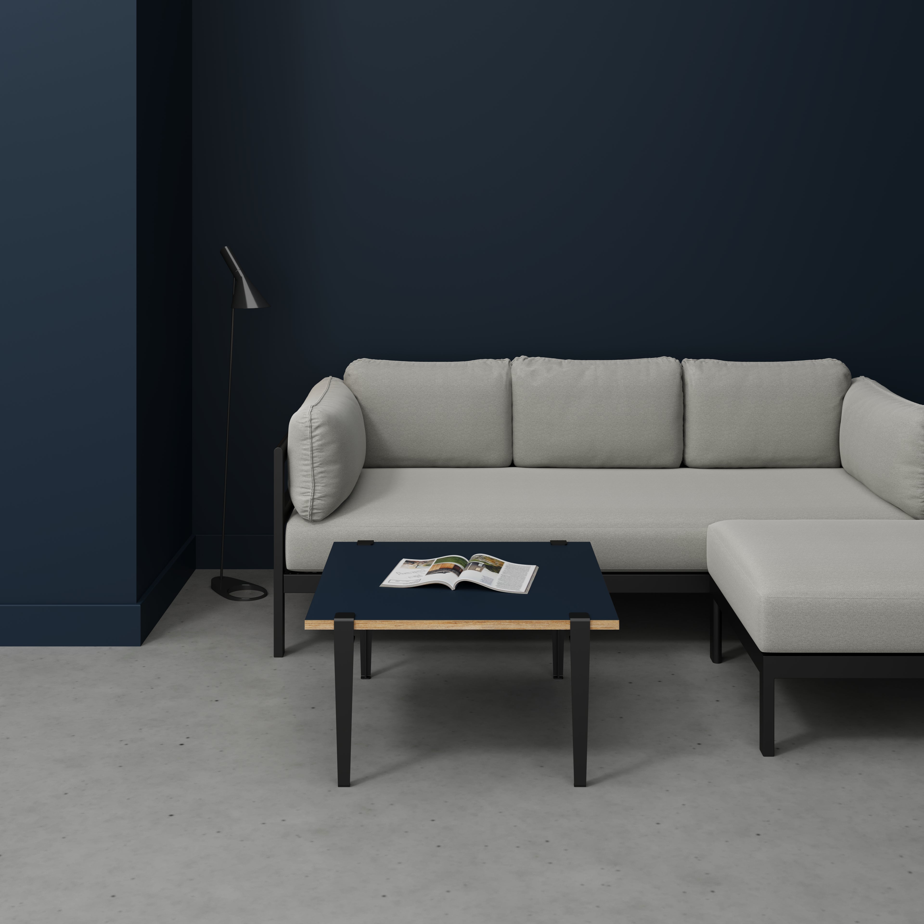 Plywood Coffee Table with Black Tiptoe Legs - Formica Night Sea Blue - 800(w) x 800(d) x 430(h)