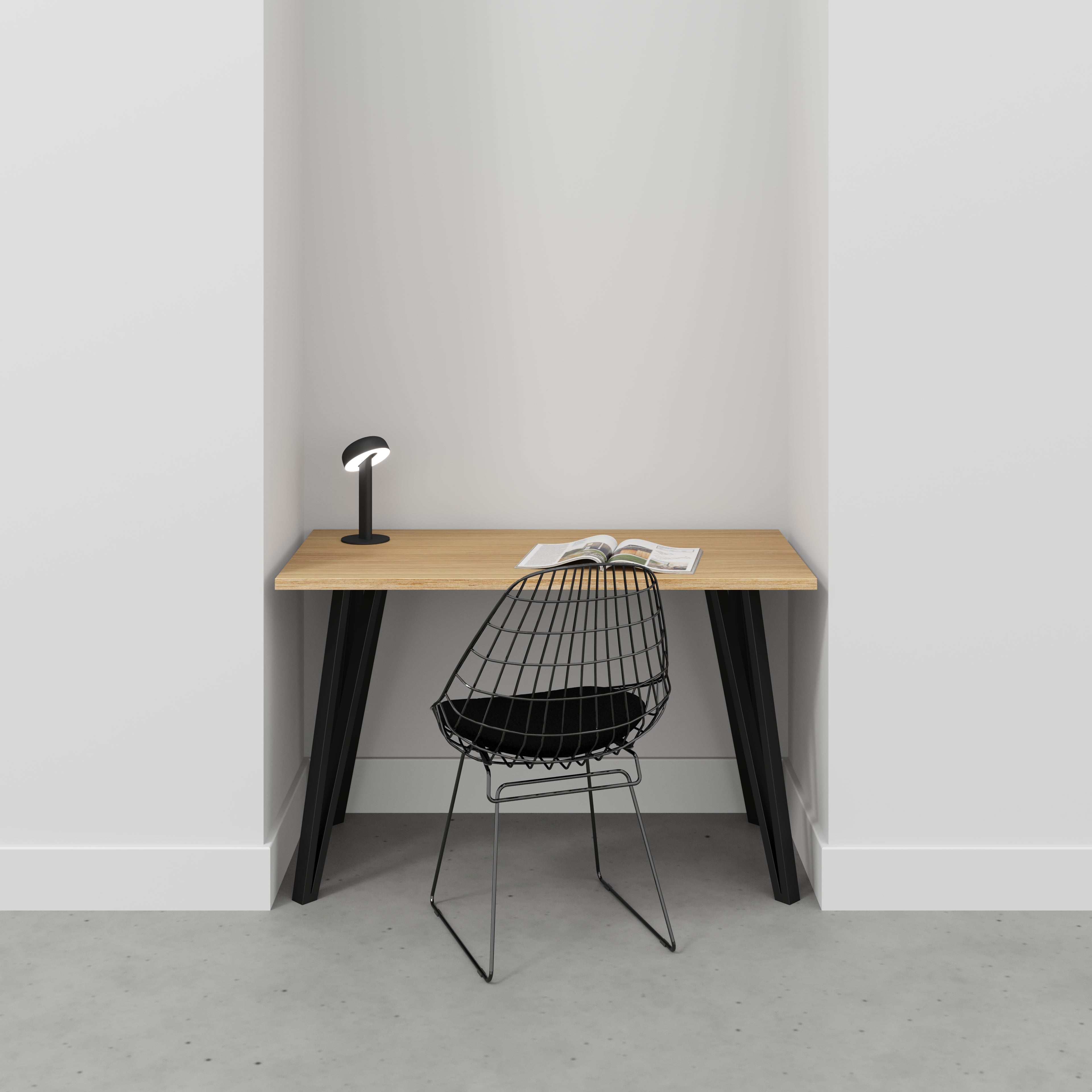 Desk with Black Box Hairpin Legs - Plywood Oak - 1200(w) x 600(d) x 735(h)