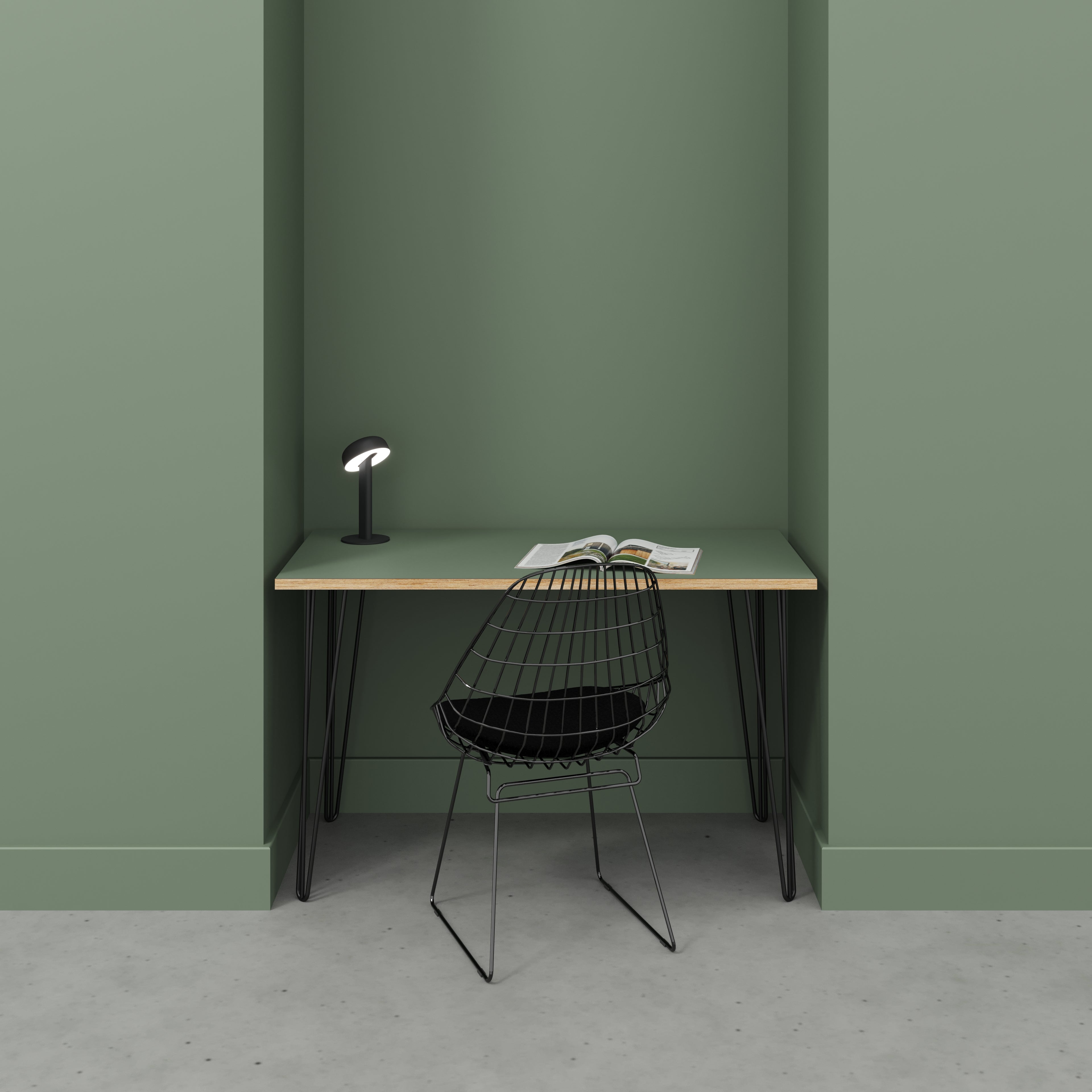 Plywood Desk with Black Hairpin Legs - Formica Green Slate - 1200(w) x 600(d) x 735(h)