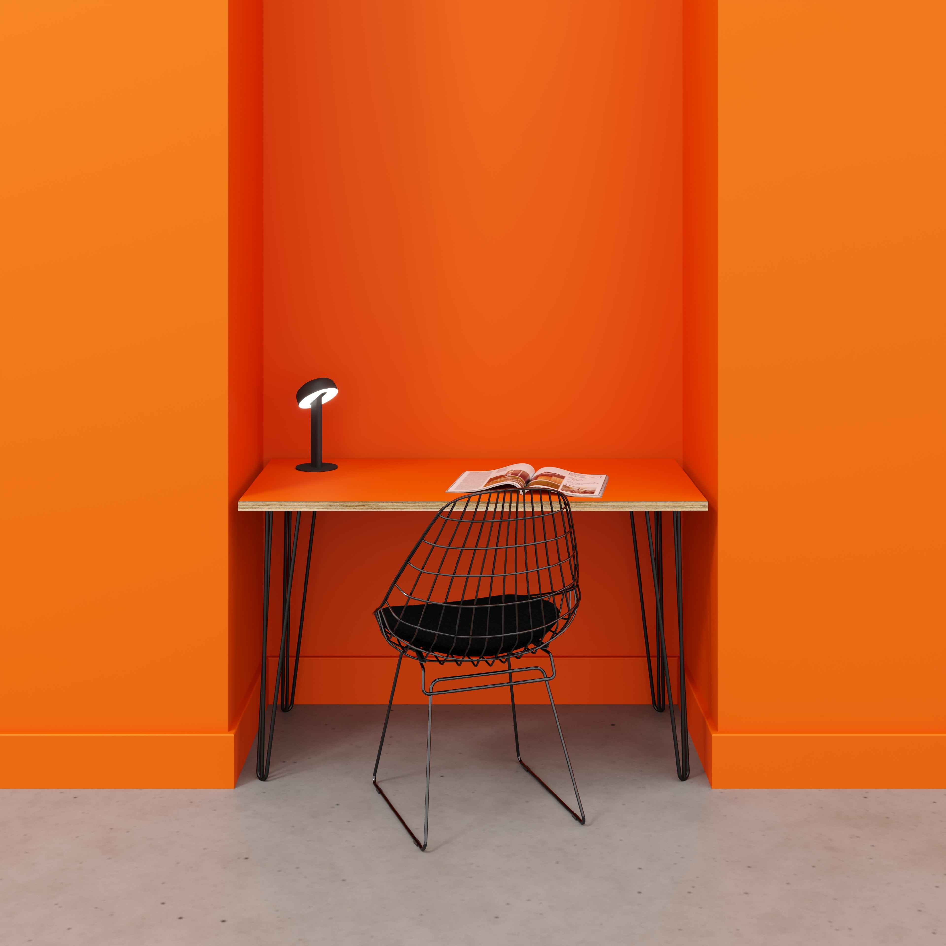 Plywood Desk with Black Hairpin Legs - Formica Levante Orange - 1200(w) x 600(d) x 735(h)