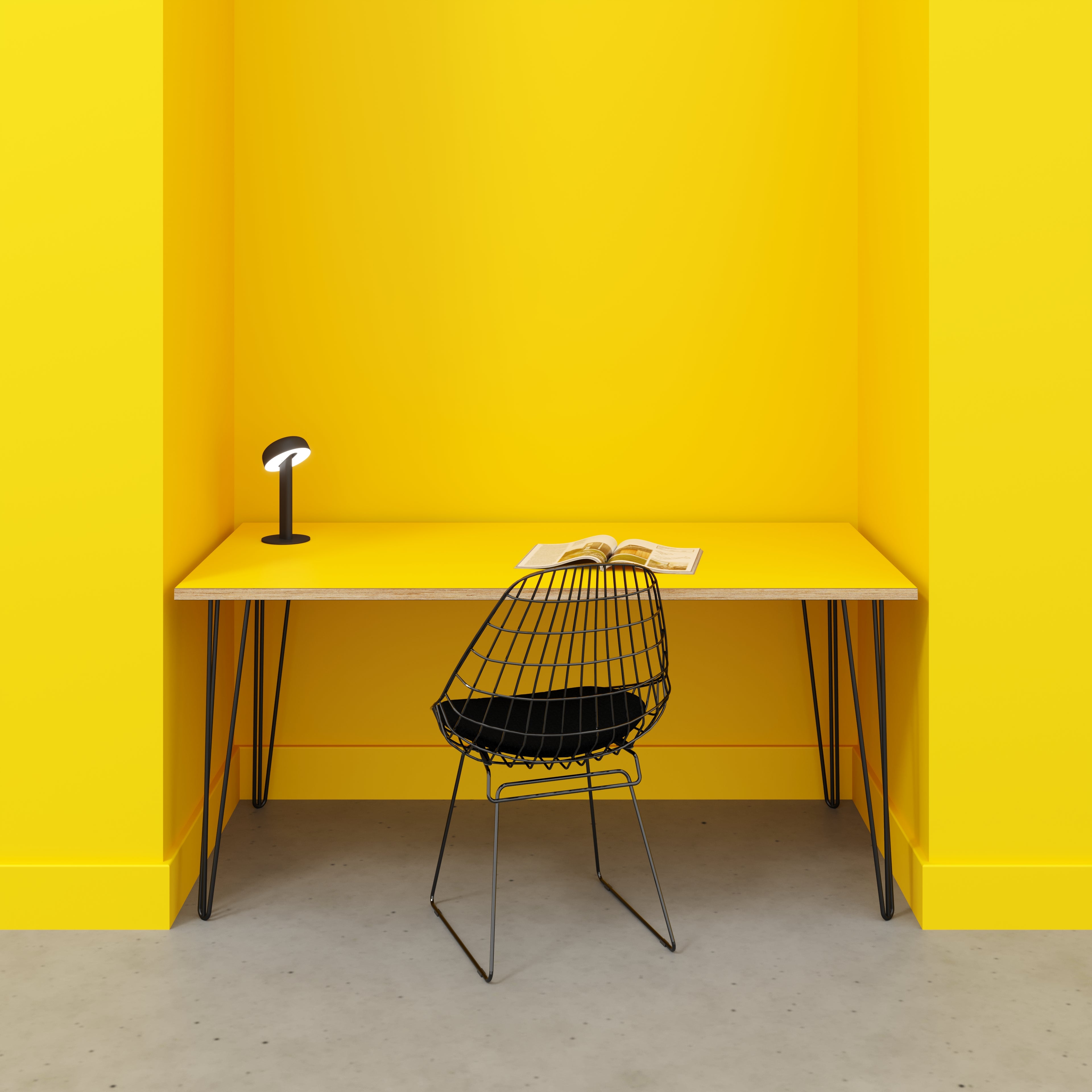 Plywood Desk with Black Hairpin Legs - Formica Chrome Yellow - 1600(w) x 800(d) x 735(h)