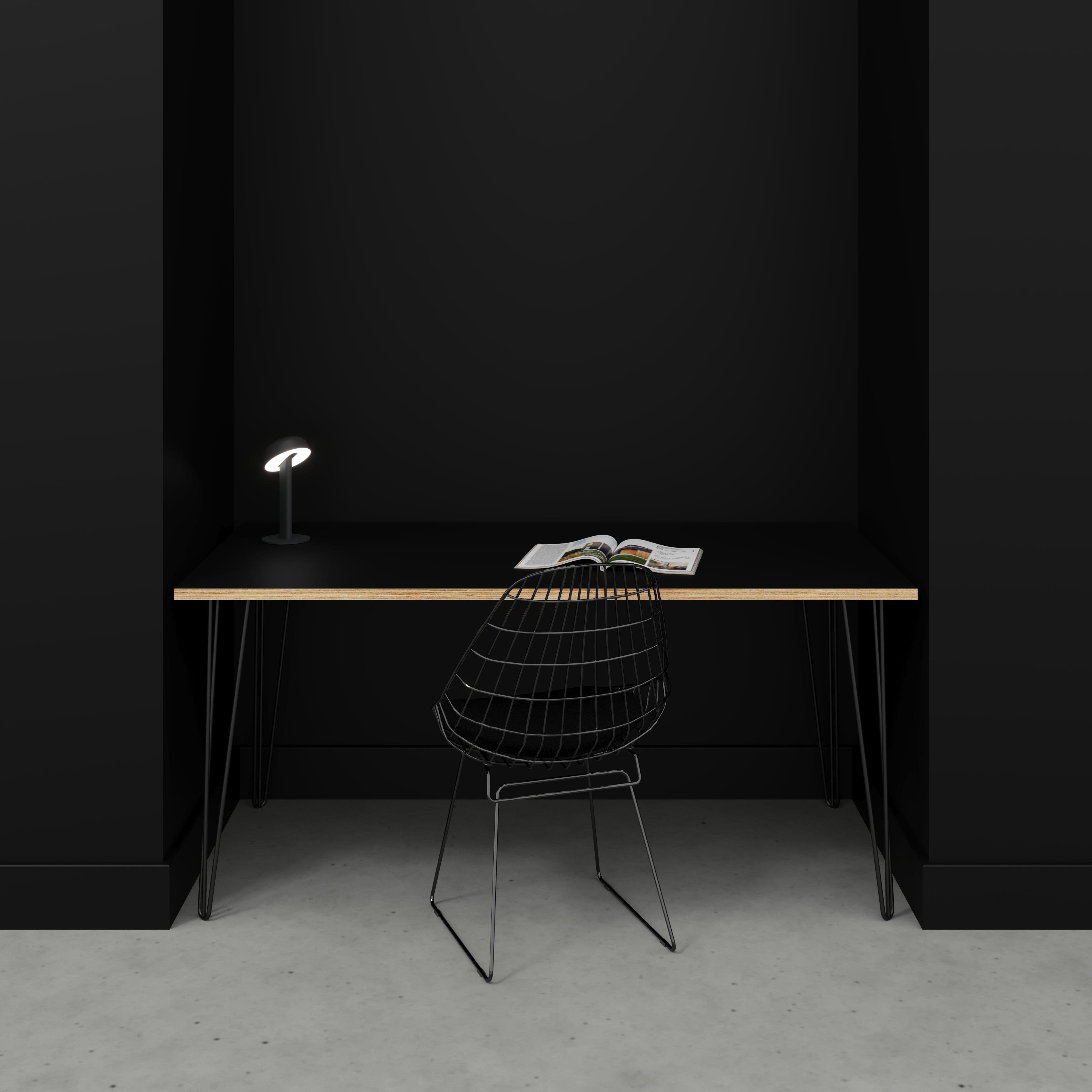 Plywood Desk with Black Hairpin Legs - Formica Diamond Black - 1600(w) x 800(d) x 735(h)