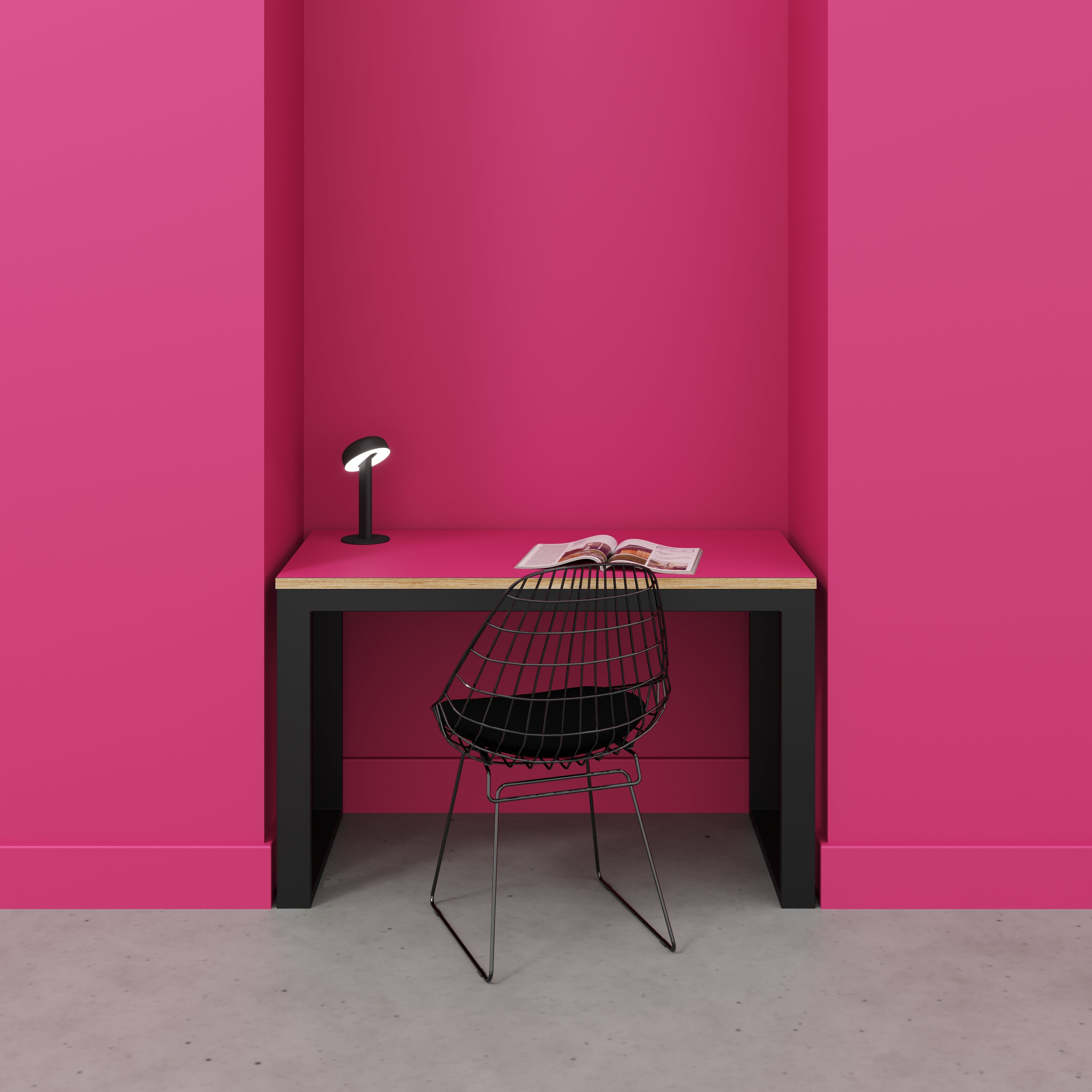 Plywood Desk with Black Industrial Frame - Formica Juicy Pink - 1200(w) x 585(d) x 735(h)