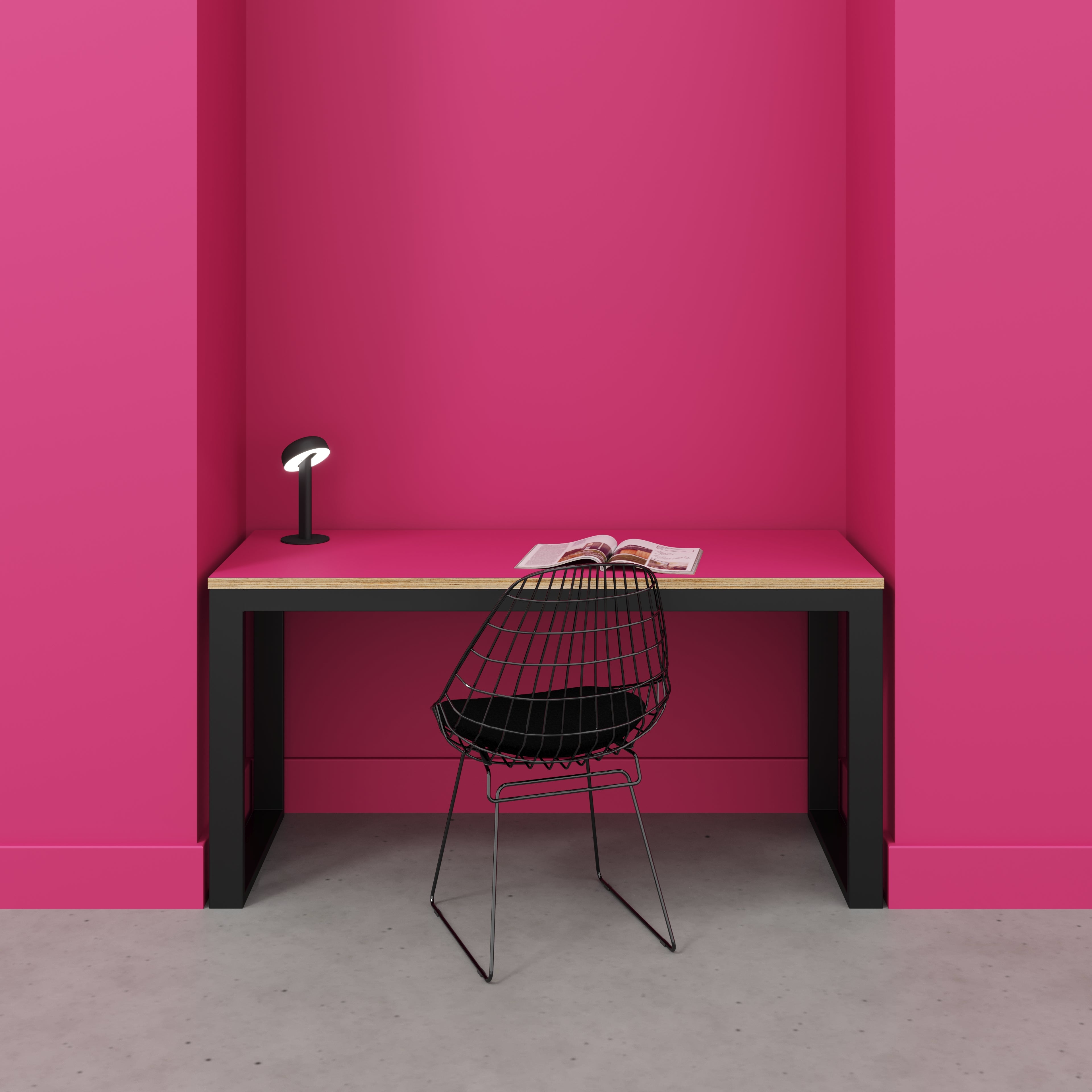 Plywood Desk with Black Industrial Frame - Formica Juicy Pink - 1500(w) x 585(d) x 735(h)