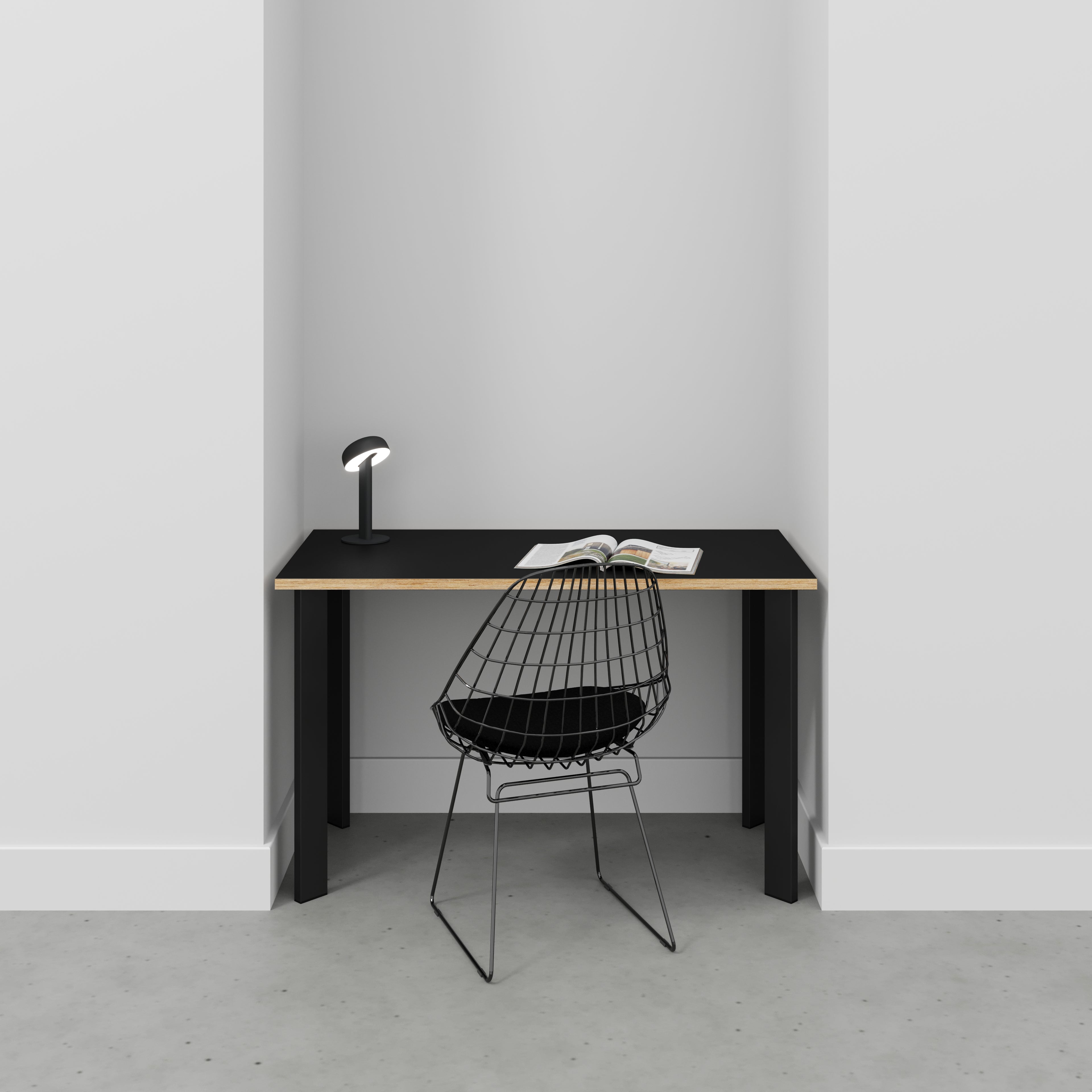 Plywood Desk with Black Rectangular Single Pin Legs - Formica Diamond Black - 1200(w) x 600(d) x 735(h)