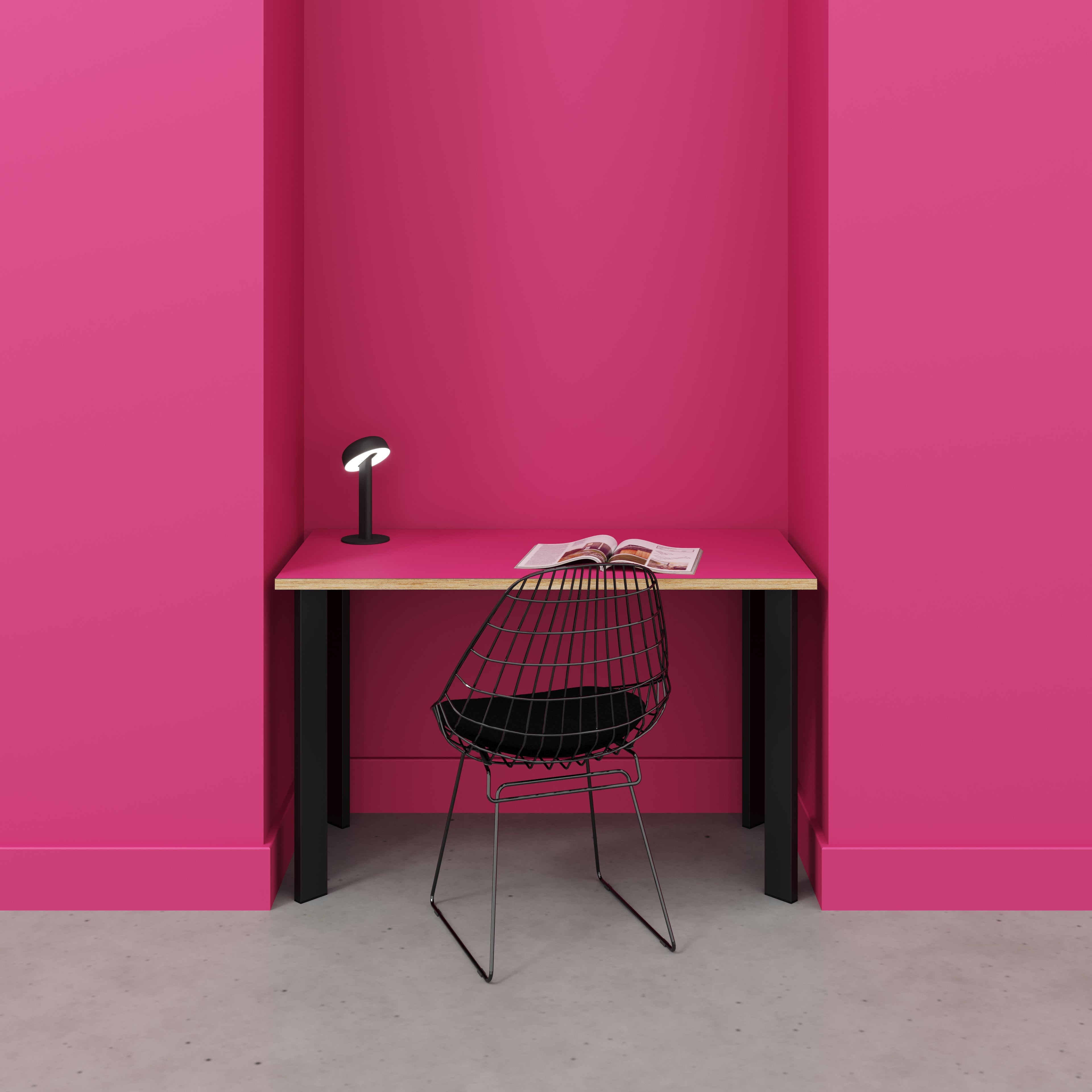 Plywood Desk with Black Rectangular Single Pin Legs - Formica Juicy Pink - 1200(w) x 600(d) x 735(h)