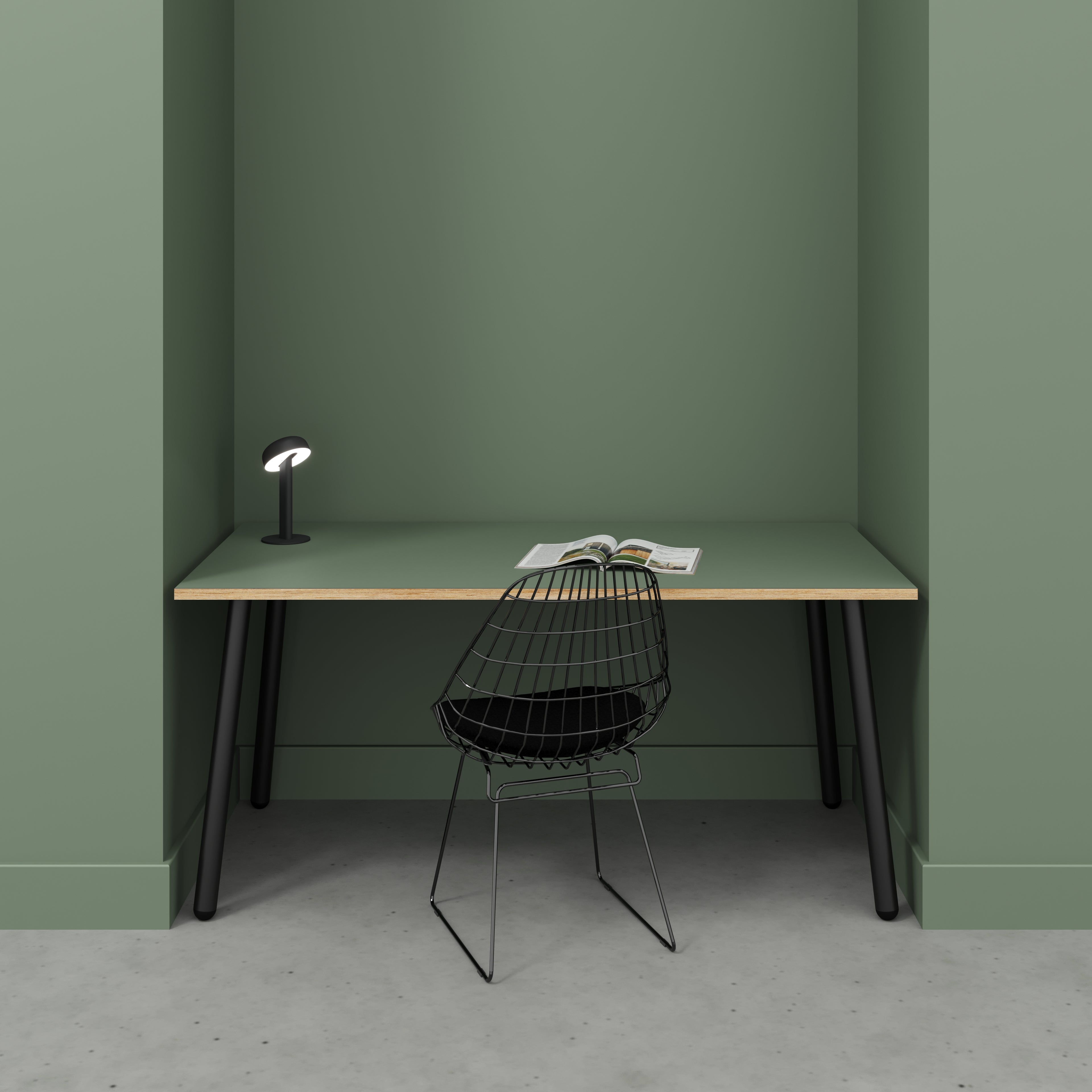 Plywood Desk with Black Round Single Pin Legs - Formica Green Slate - 1600(w) x 800(d) x 735(h)