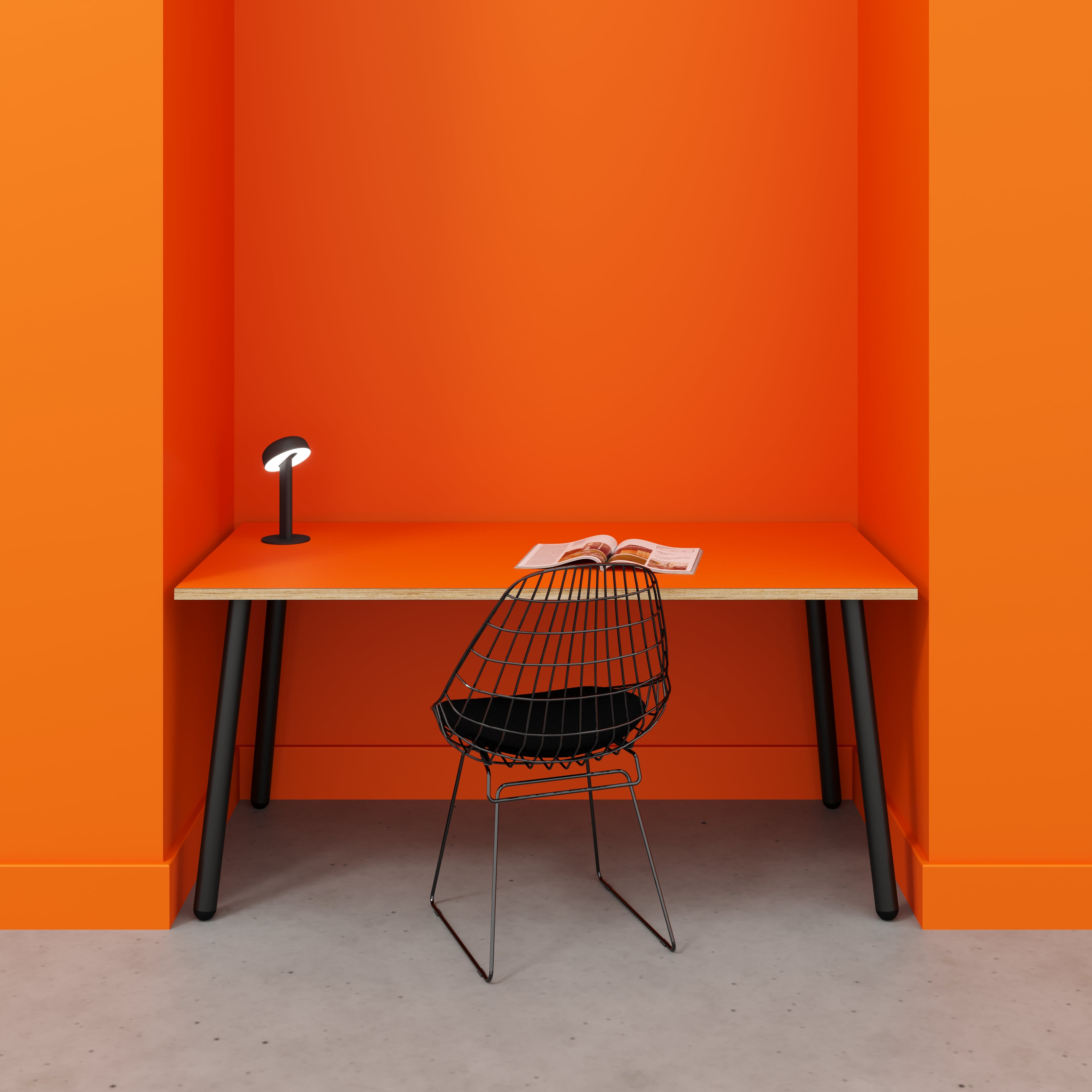 Plywood Desk with Black Round Single Pin Legs - Formica Levante Orange - 1600(w) x 800(d) x 735(h)