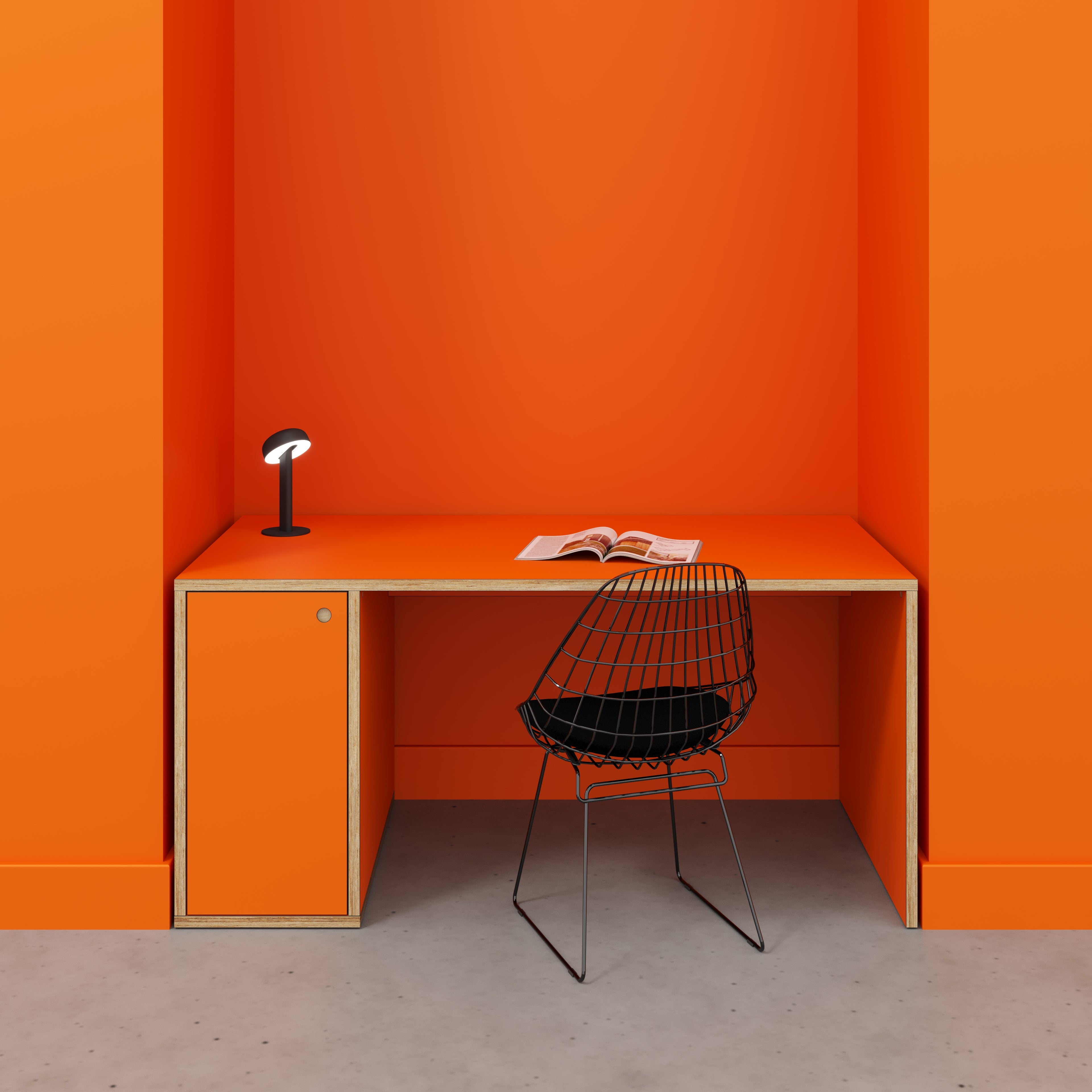 Plywood Desk with Storage Type 1 LH - Door - Formica Levante Orange - 1600(w) x 800(d) x 750(h)