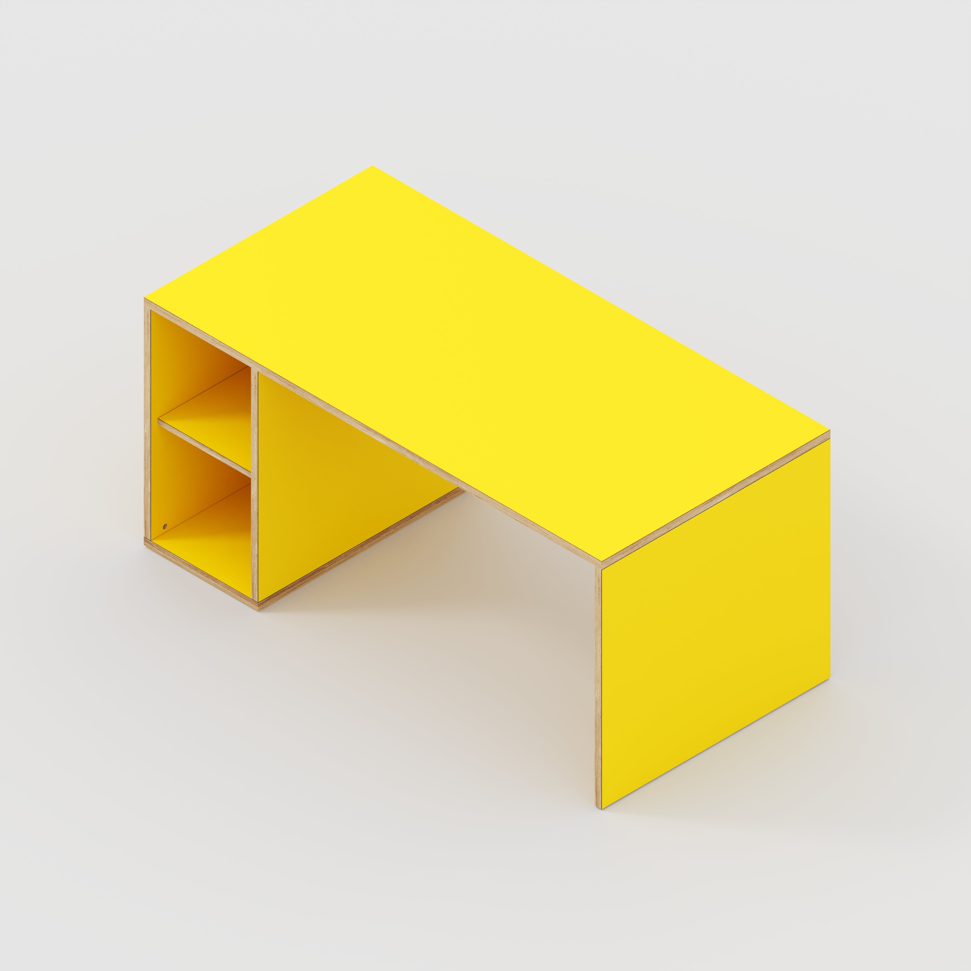 Plywood Desk with Storage Type 1 LH - Open Shelves - Formica Chrome Yellow - 1600(w) x 800(d) x 750(h)