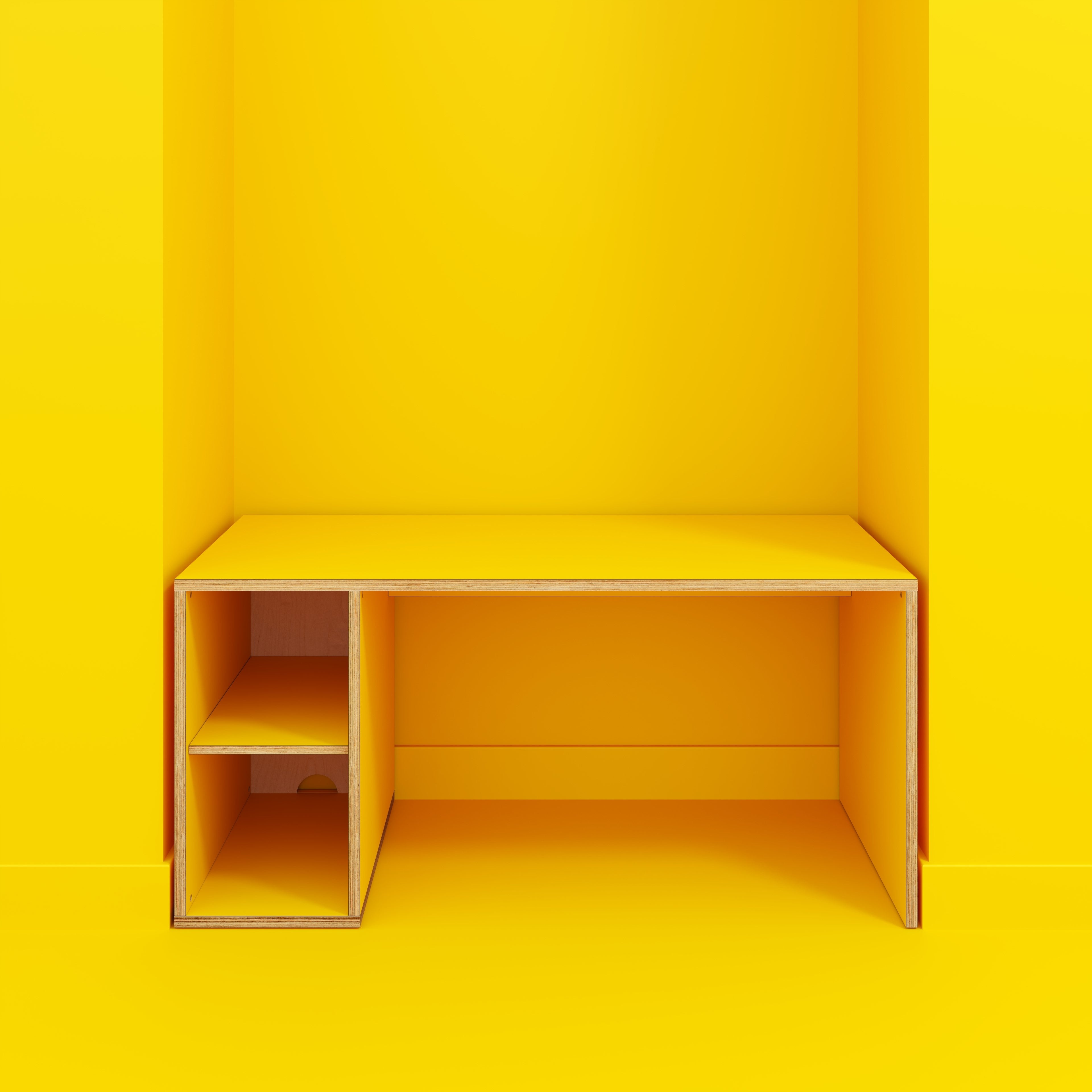 Plywood Desk with Storage Type 1 LH - Open Shelves - Formica Chrome Yellow - 1600(w) x 800(d) x 750(h)