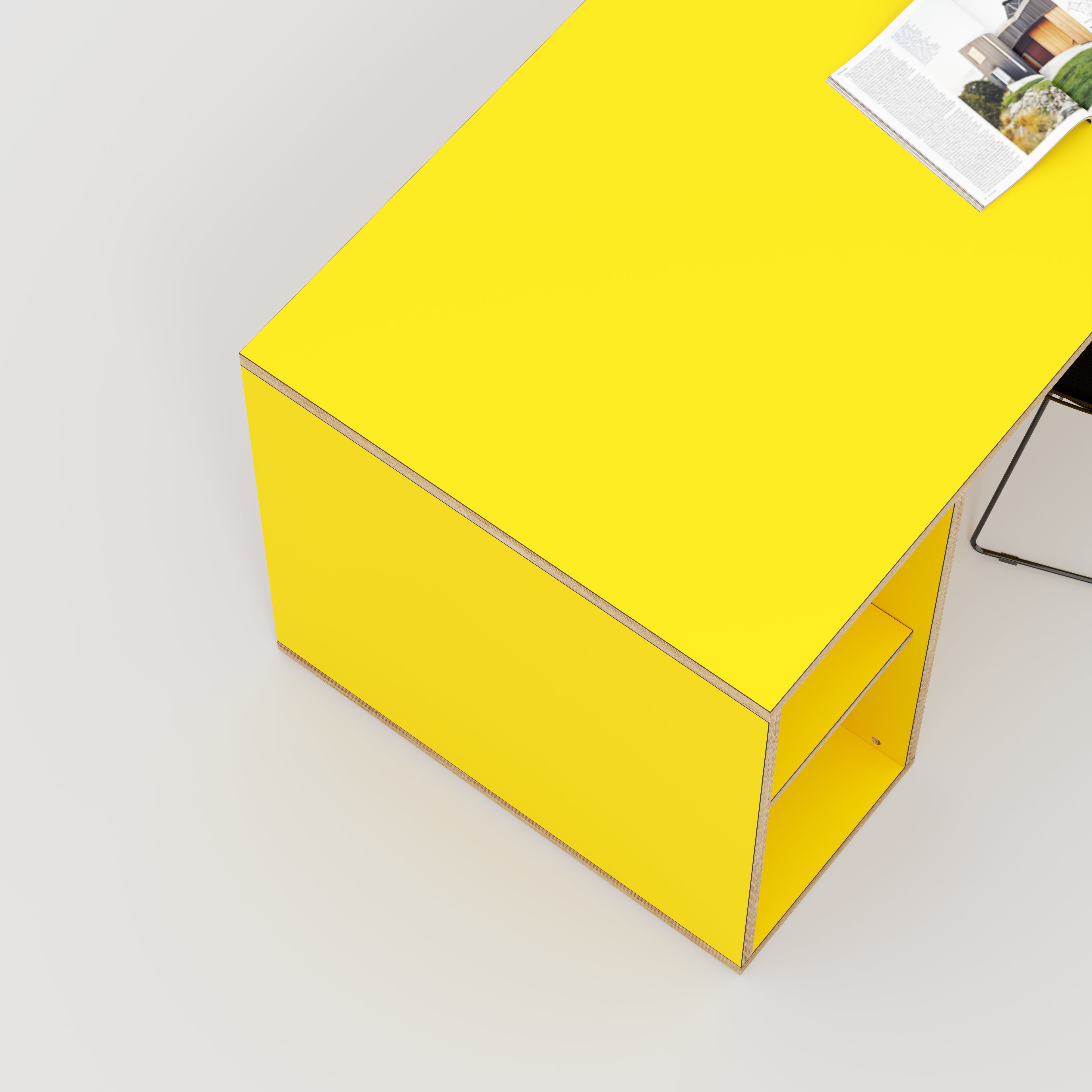 Plywood Desk with Storage Type 1 LH - Open Shelves - Formica Chrome Yellow - 1600(w) x 800(d) x 750(h)