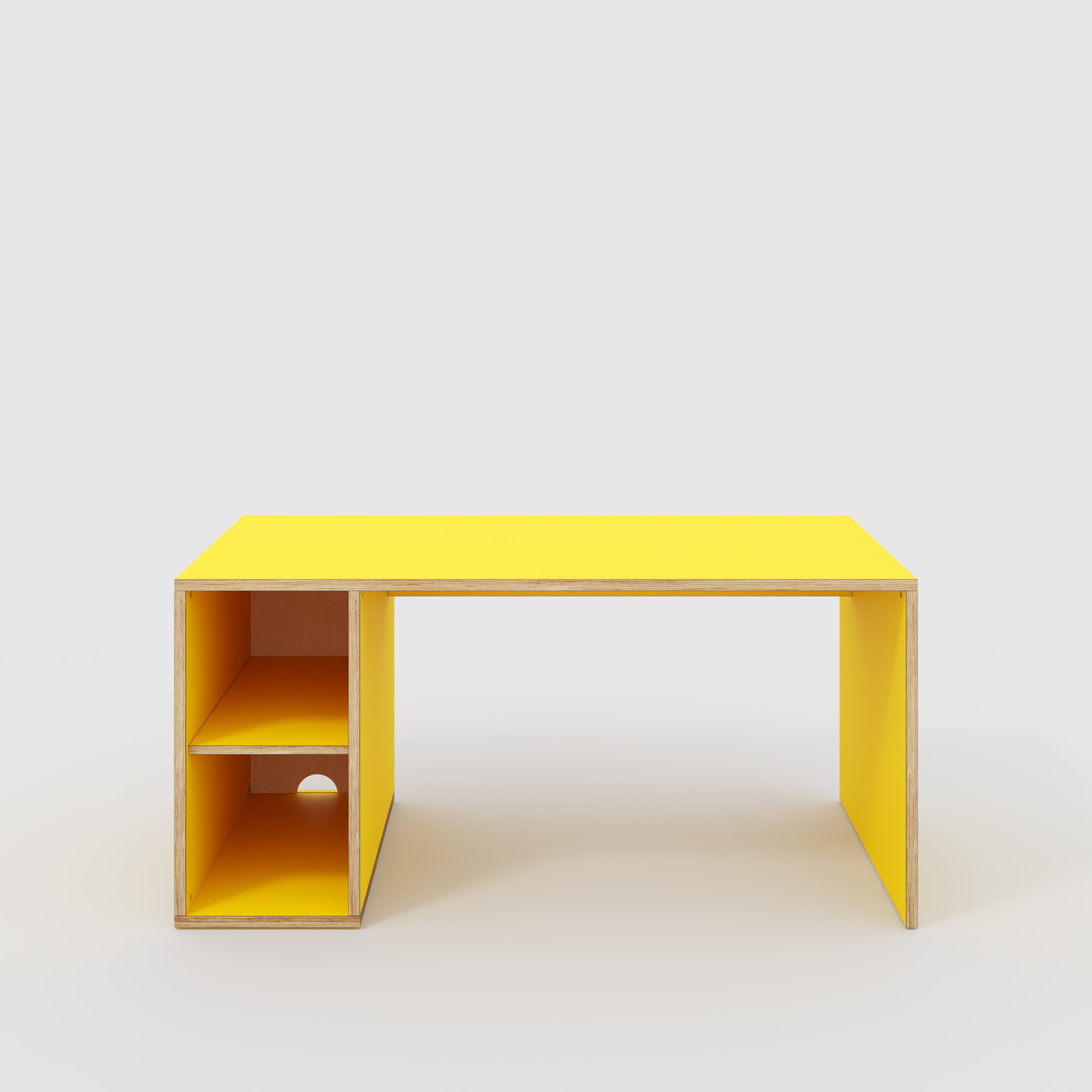 Plywood Desk with Storage Type 1 LH - Open Shelves - Formica Chrome Yellow - 1600(w) x 800(d) x 750(h)