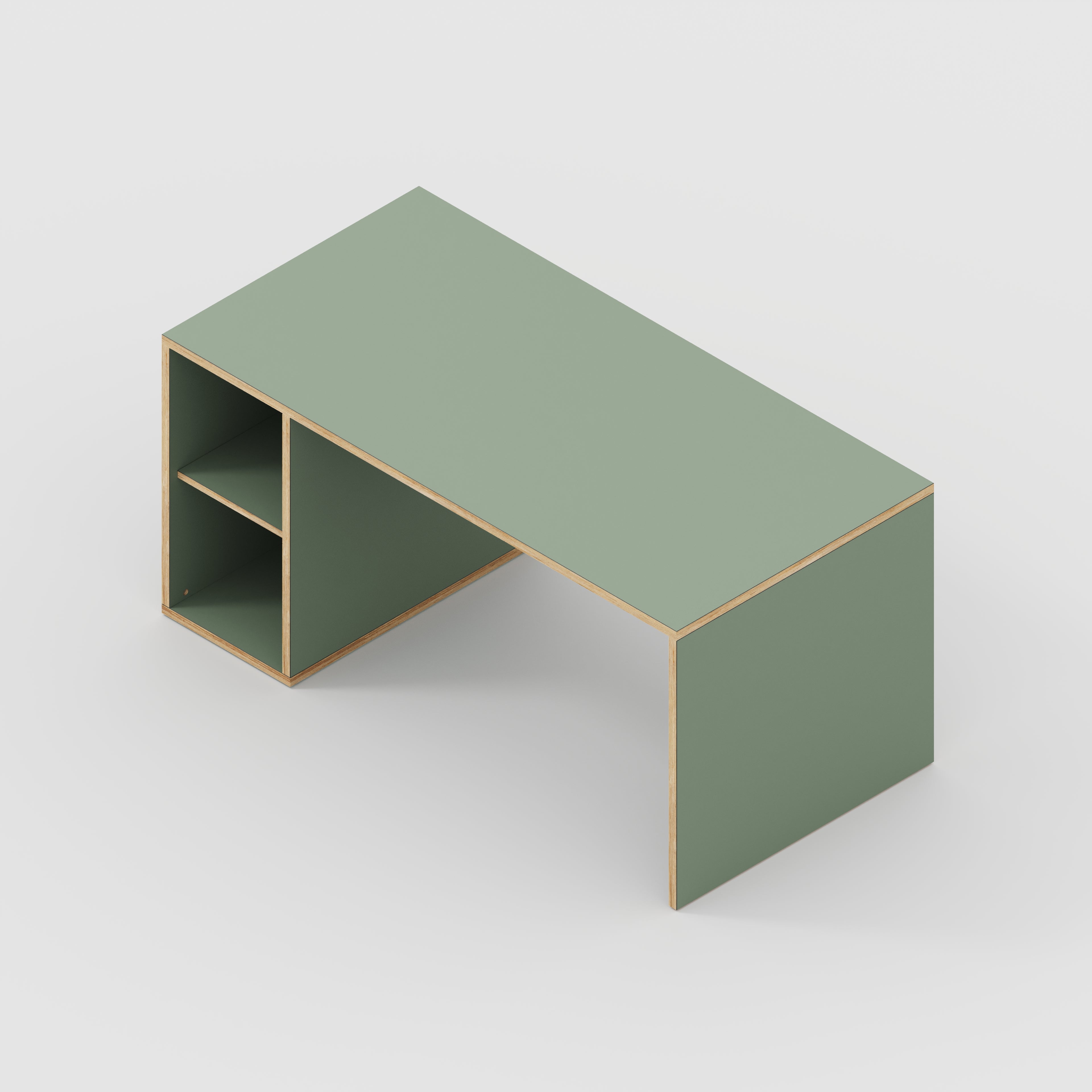 Plywood Desk with Storage Type 1 LH - Open Shelves - Formica Green Slate - 1600(w) x 800(d) x 750(h)