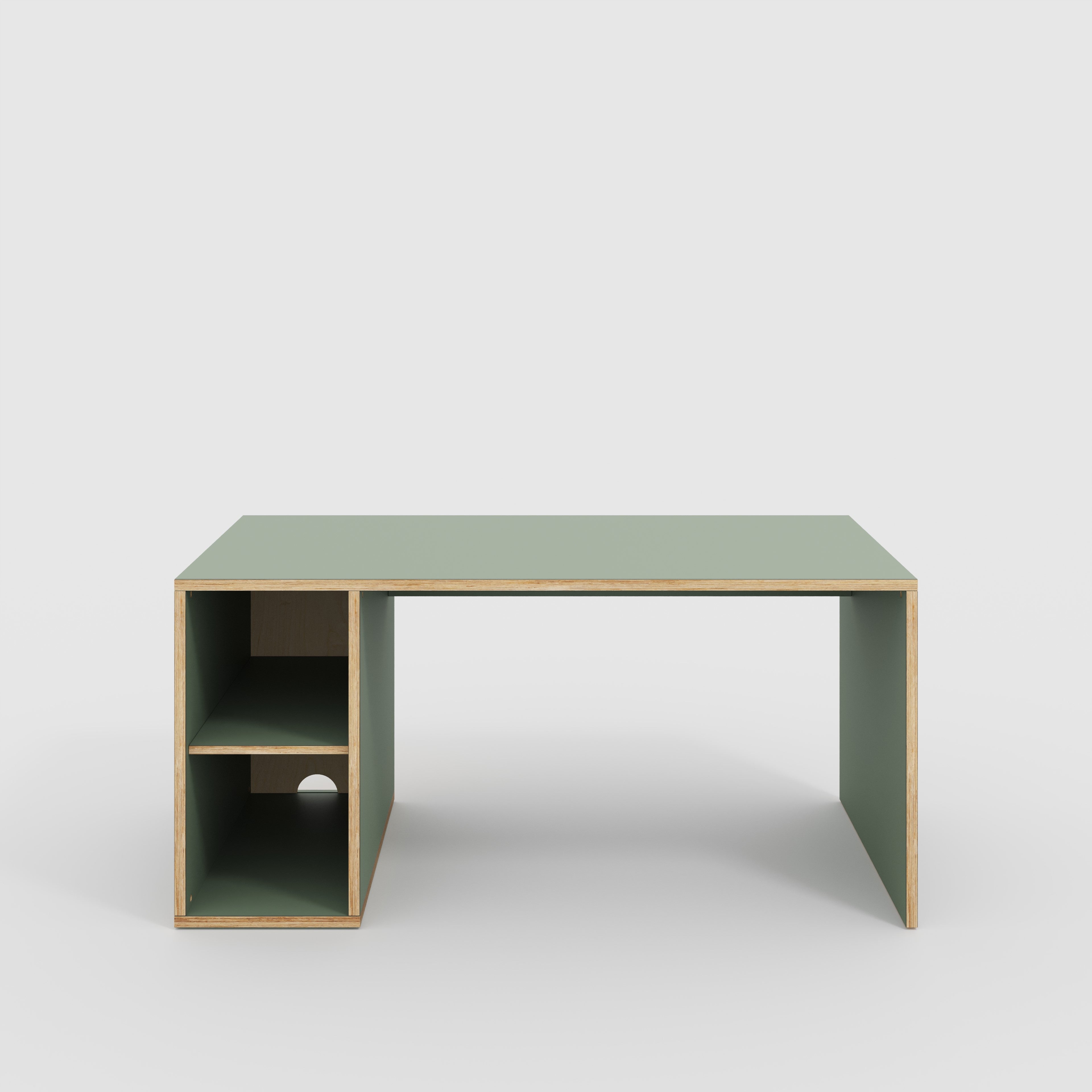 Plywood Desk with Storage Type 1 LH - Open Shelves - Formica Green Slate - 1600(w) x 800(d) x 750(h)