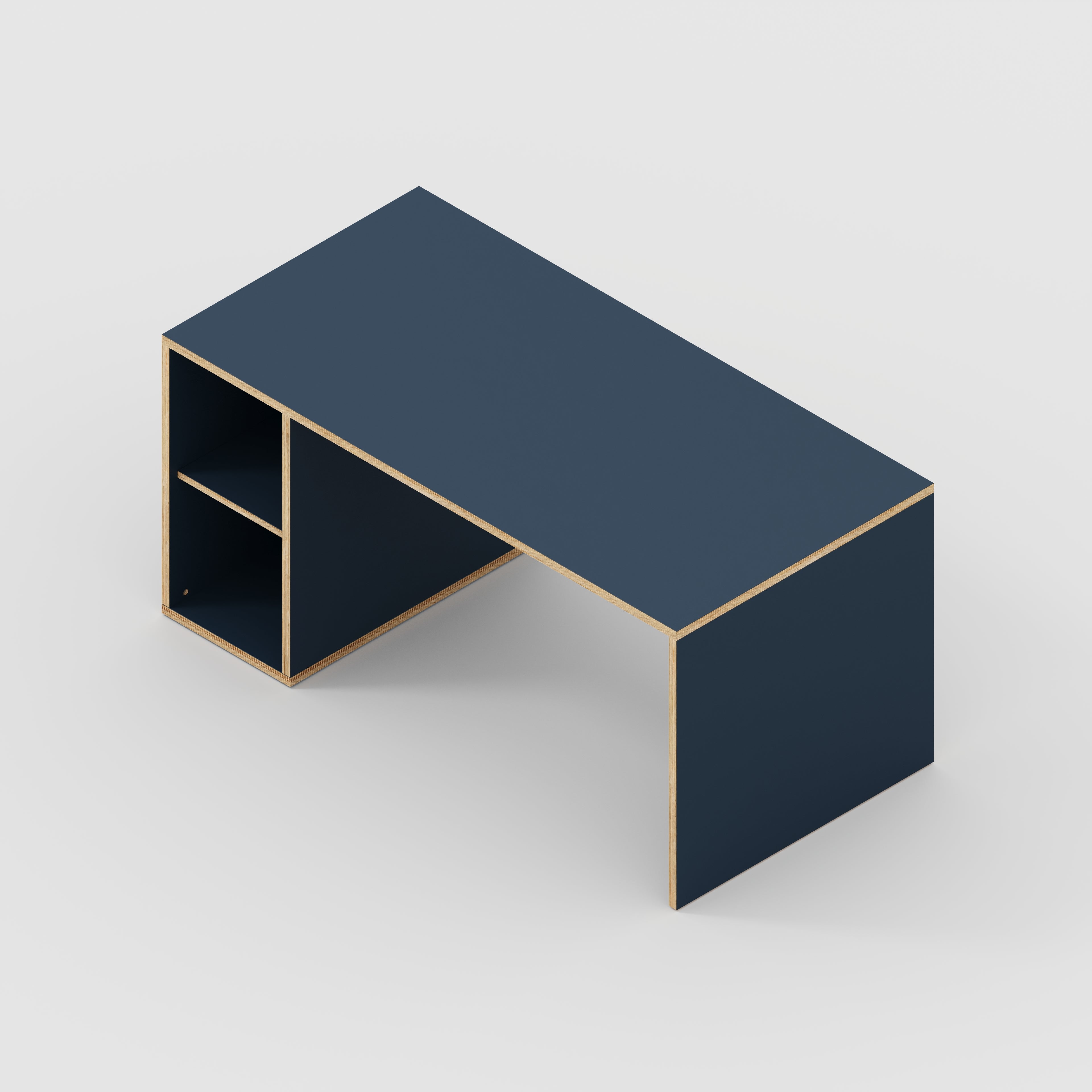 Plywood Desk with Storage Type 1 LH - Open Shelves - Formica Night Sea Blue - 1600(w) x 800(d) x 750(h)