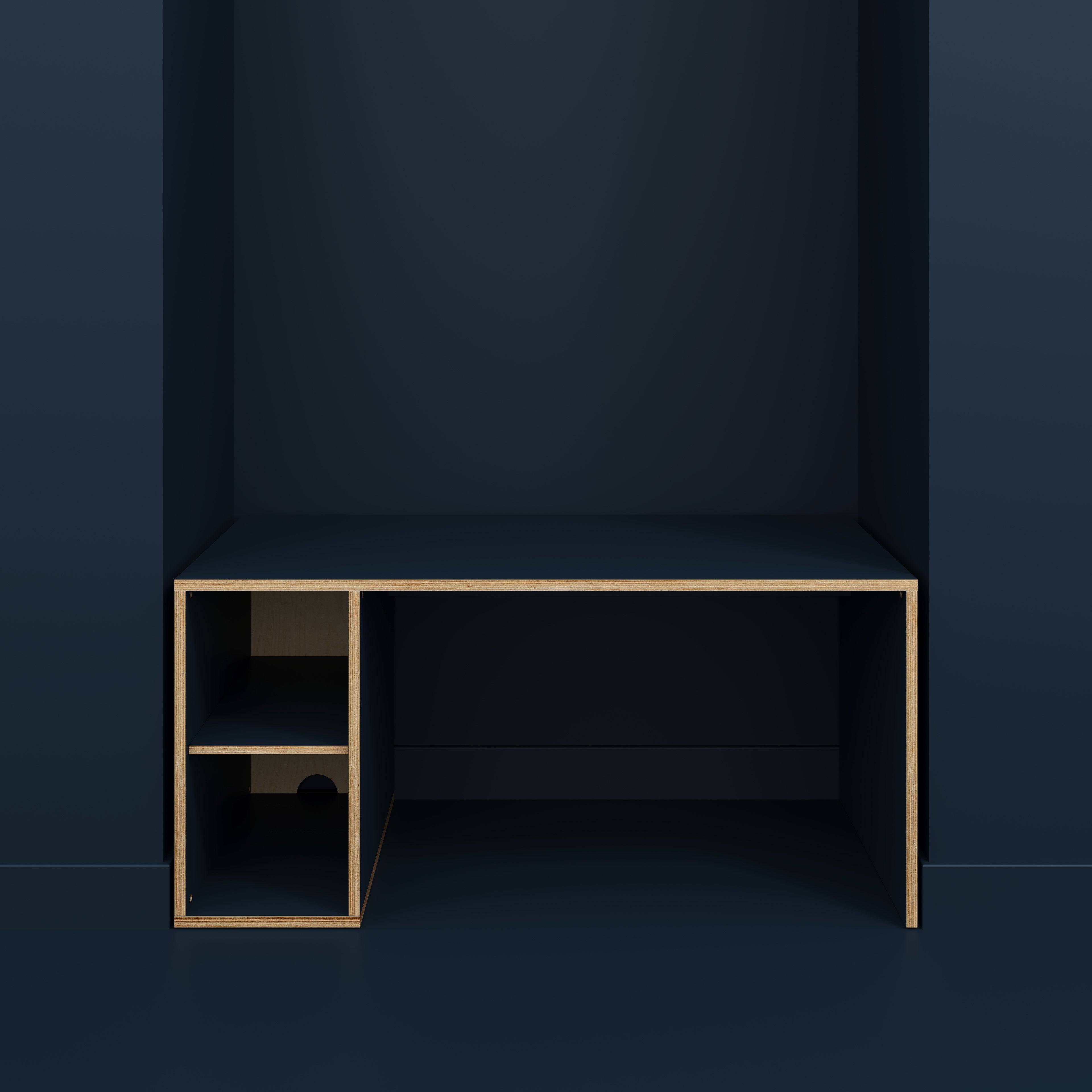 Plywood Desk with Storage Type 1 LH - Open Shelves - Formica Night Sea Blue - 1600(w) x 800(d) x 750(h)