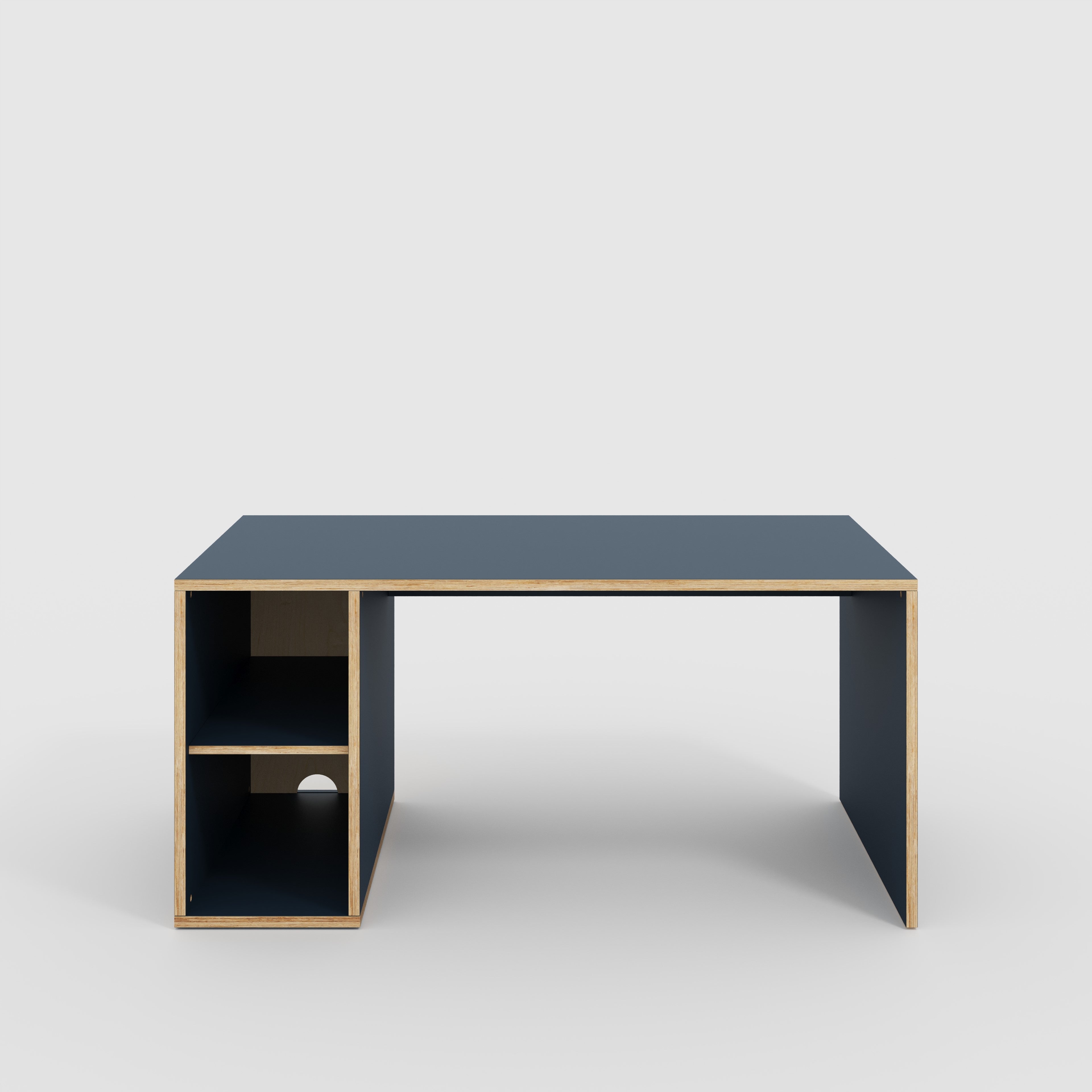 Plywood Desk with Storage Type 1 LH - Open Shelves - Formica Night Sea Blue - 1600(w) x 800(d) x 750(h)