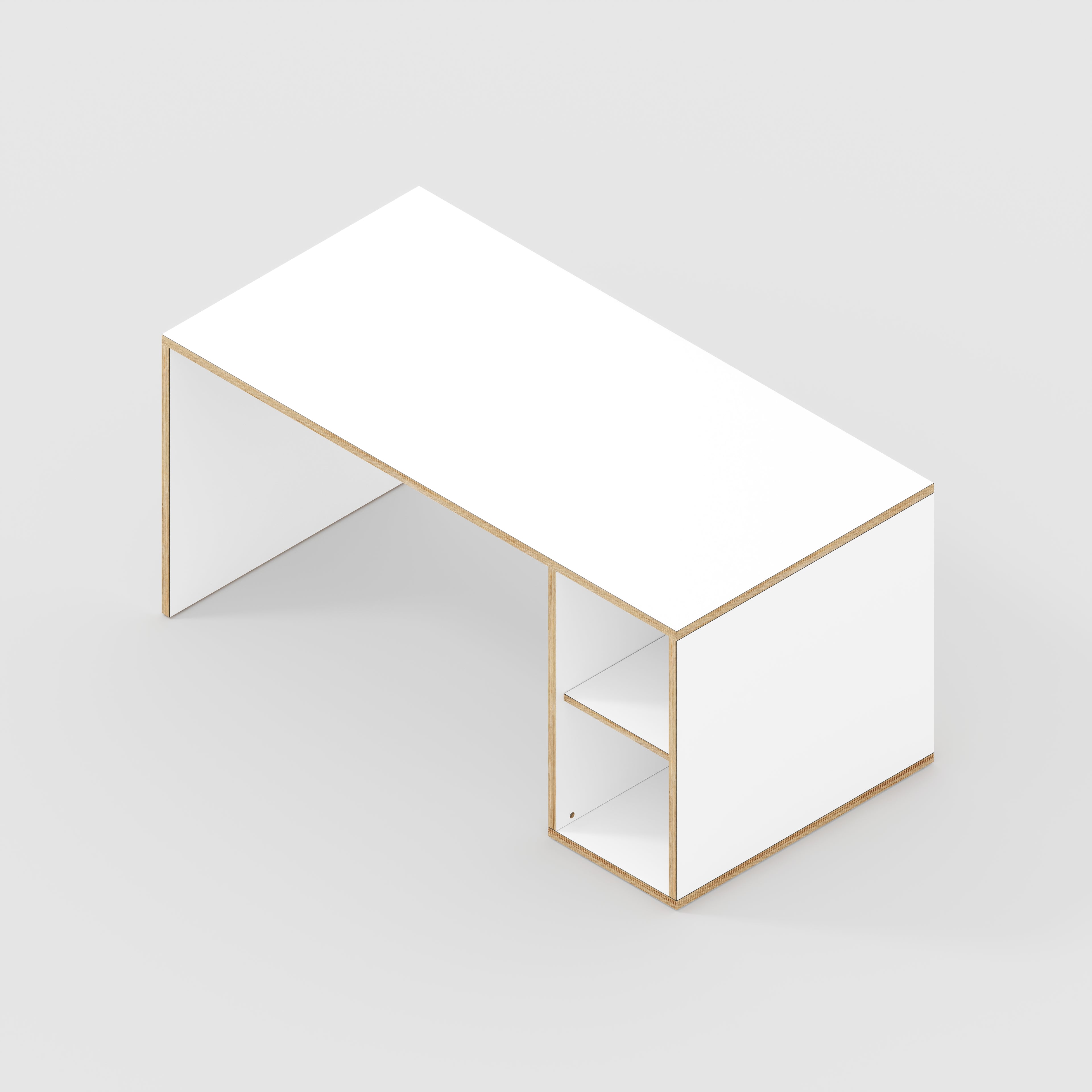 Plywood Desk with Storage Type 1 RH - Open Shelves - Formica White - 1600(w) x 800(d) x 750(h)