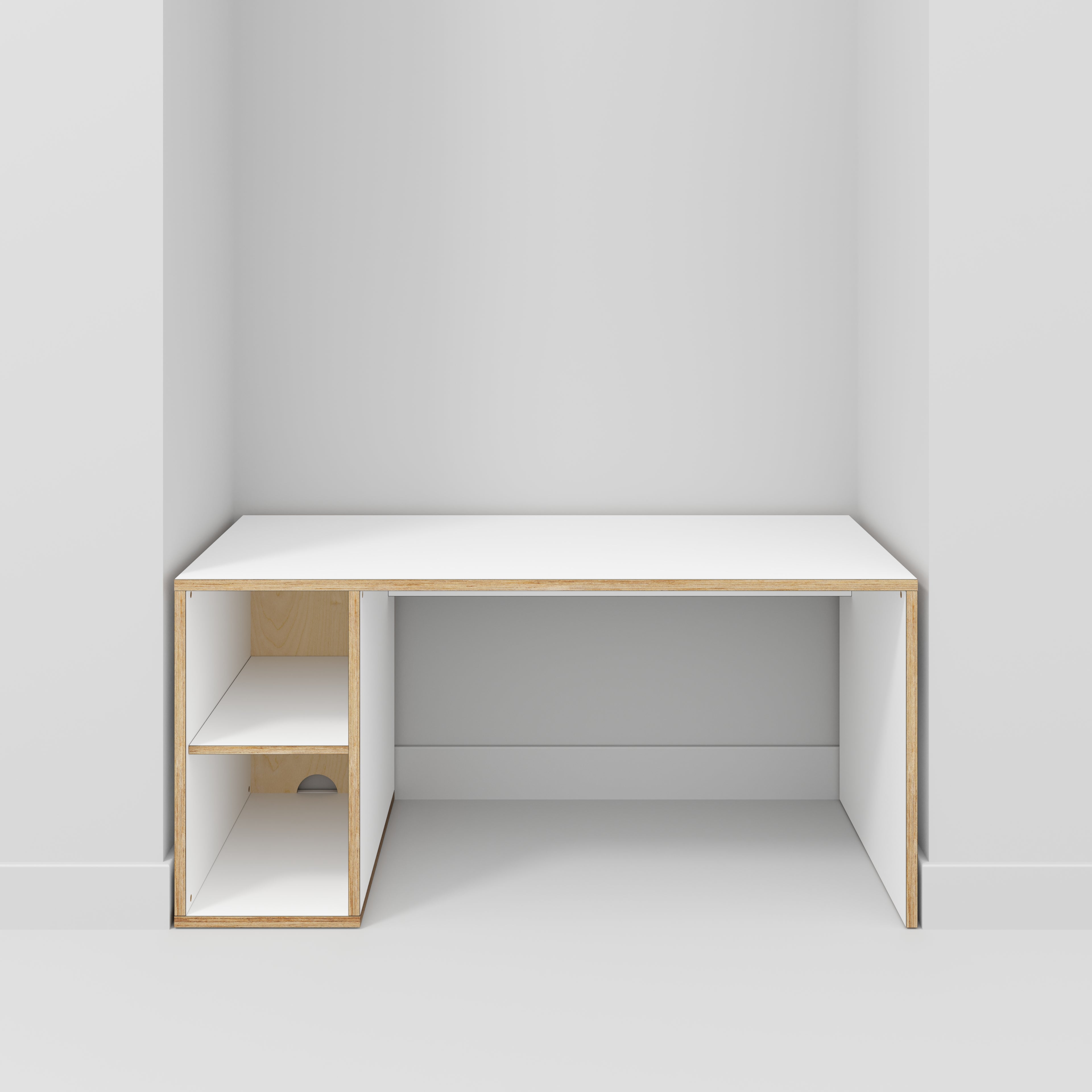 Plywood Desk with Storage Type 1 LH - Open Shelves - Formica White - 1600(w) x 800(d) x 750(h)