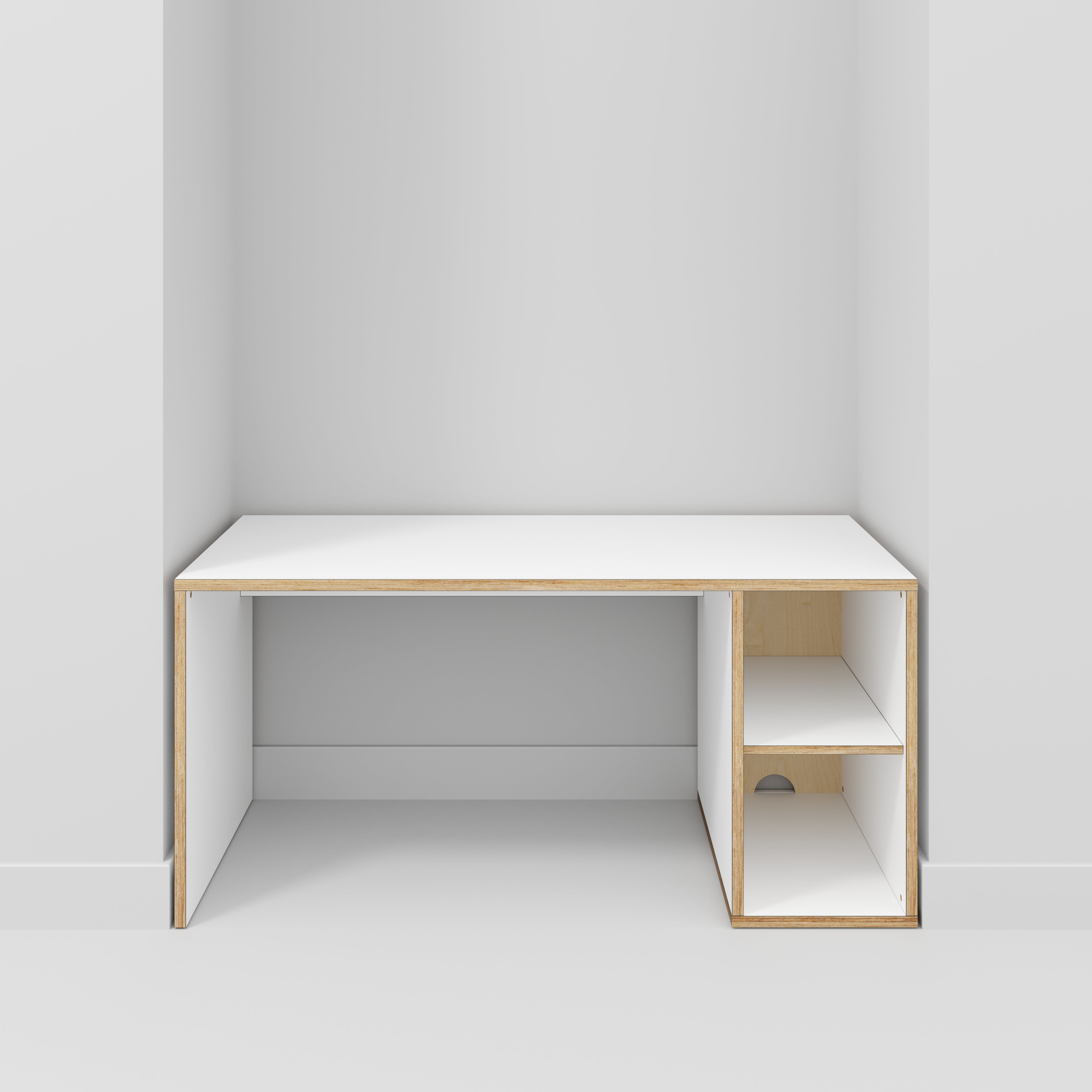 Plywood Desk with Storage Type 1 RH - Open Shelves - Formica White - 1600(w) x 800(d) x 750(h)