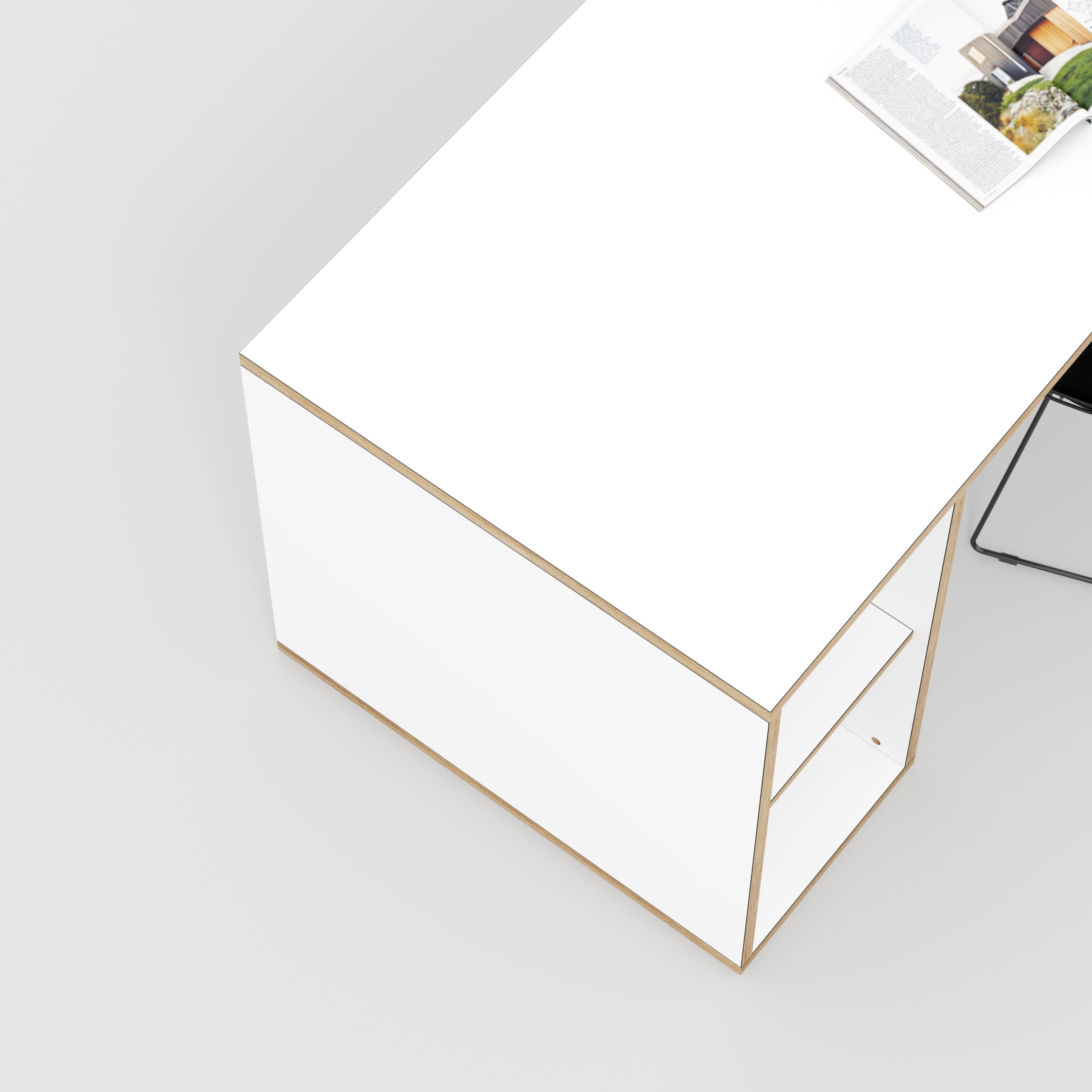 Plywood Desk with Storage Type 1 LH - Open Shelves - Formica White - 1600(w) x 800(d) x 750(h)