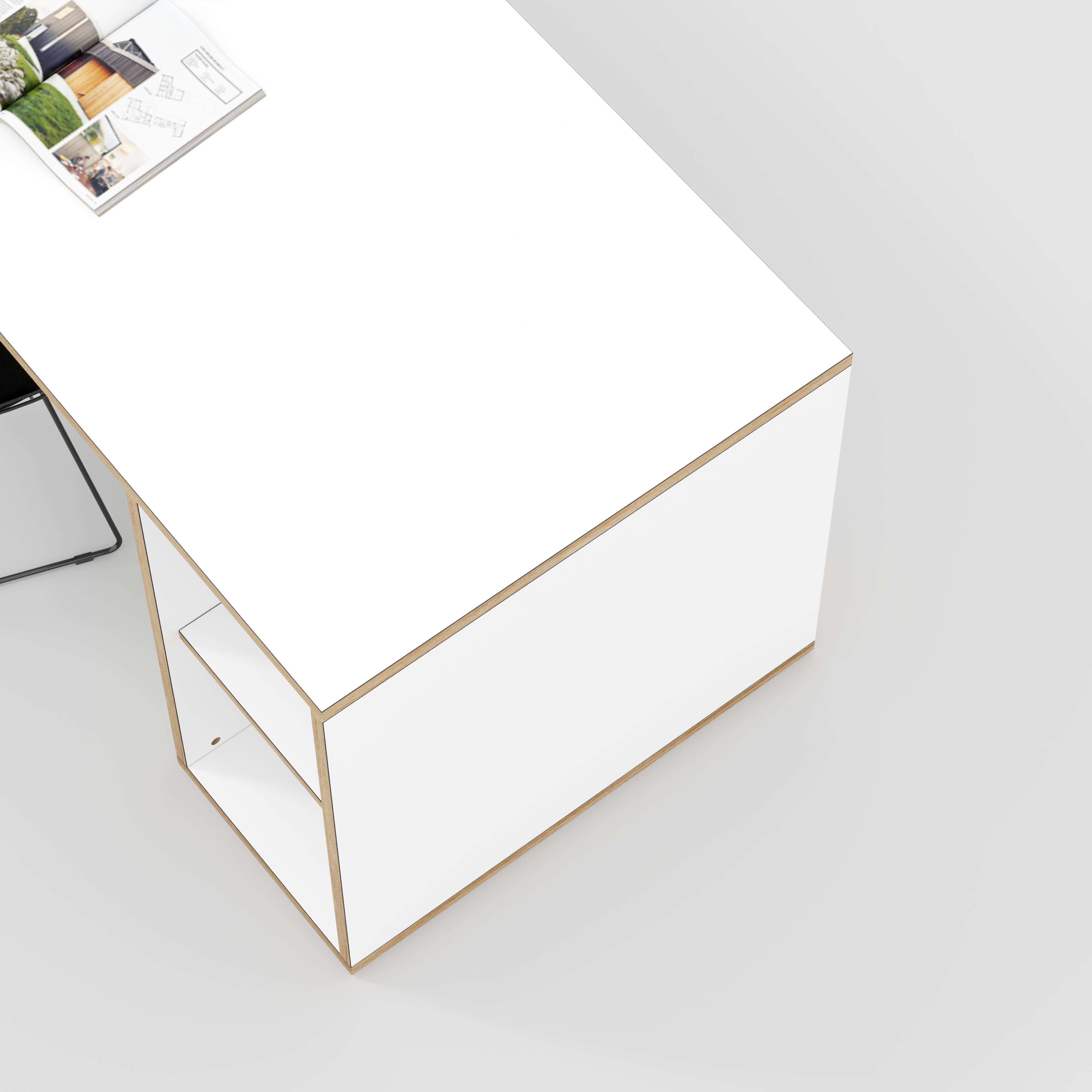 Plywood Desk with Storage Type 1 RH - Open Shelves - Formica White - 1600(w) x 800(d) x 750(h)