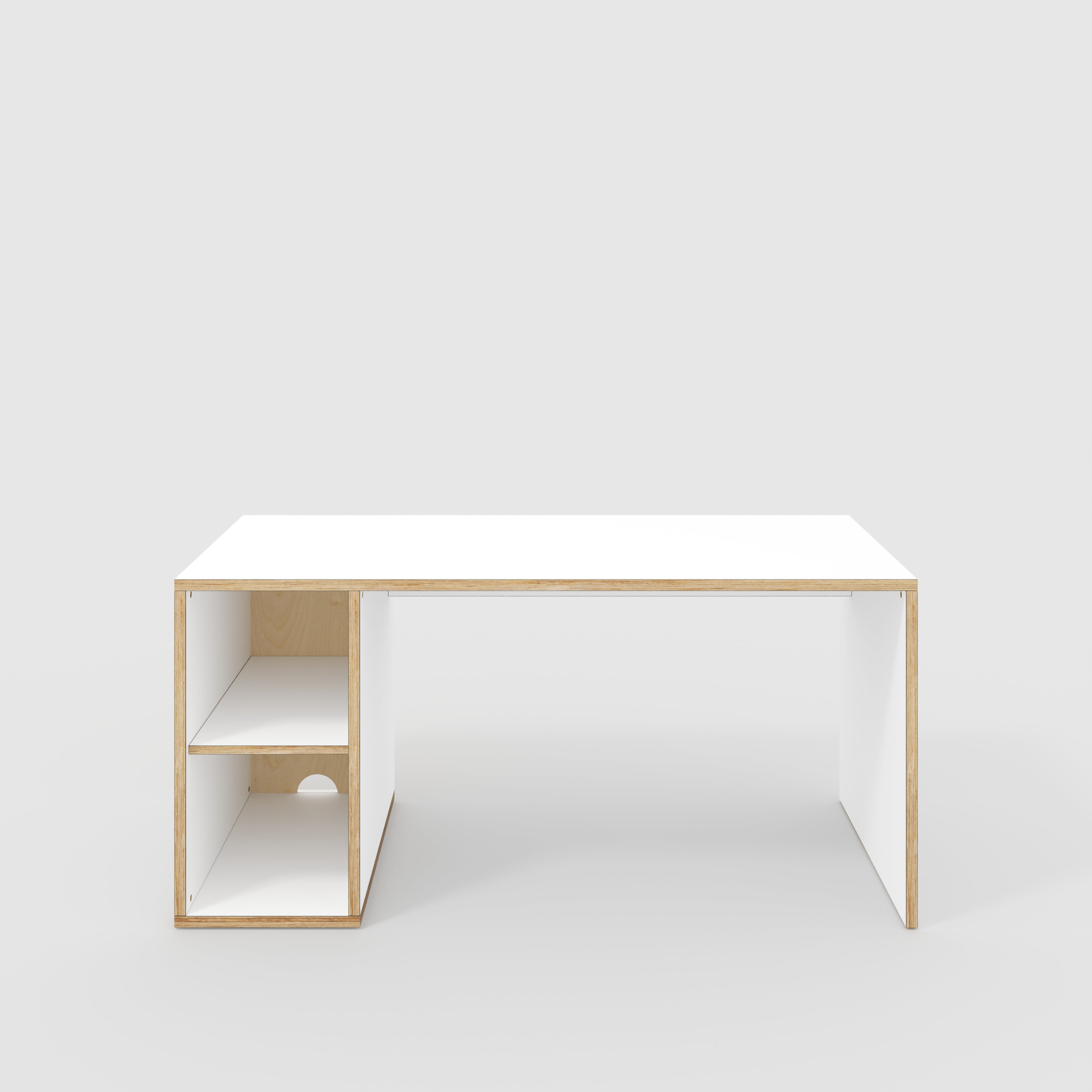 Plywood Desk with Storage Type 1 LH - Open Shelves - Formica White - 1600(w) x 800(d) x 750(h)