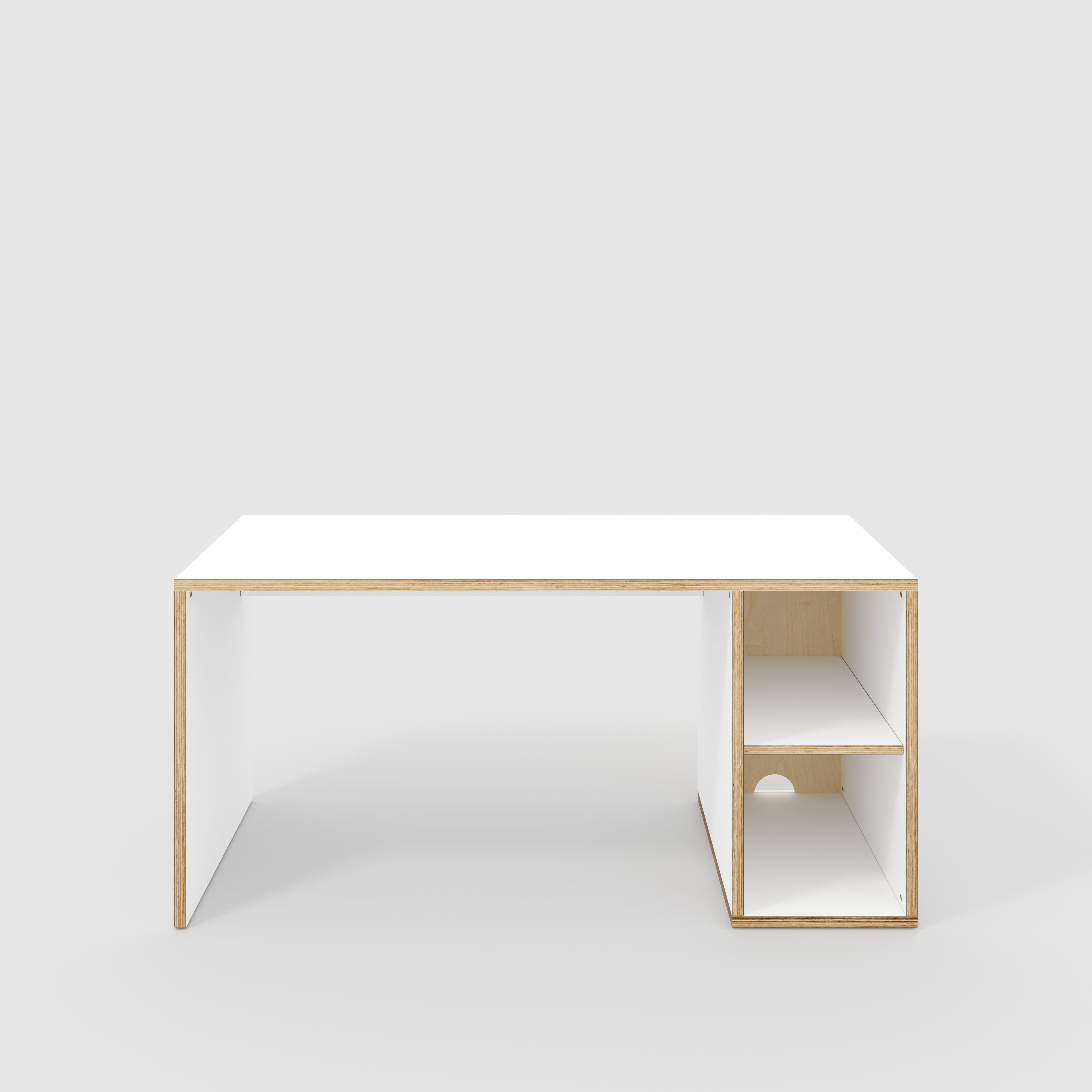 Plywood Desk with Storage Type 1 RH - Open Shelves - Formica White - 1600(w) x 800(d) x 750(h)