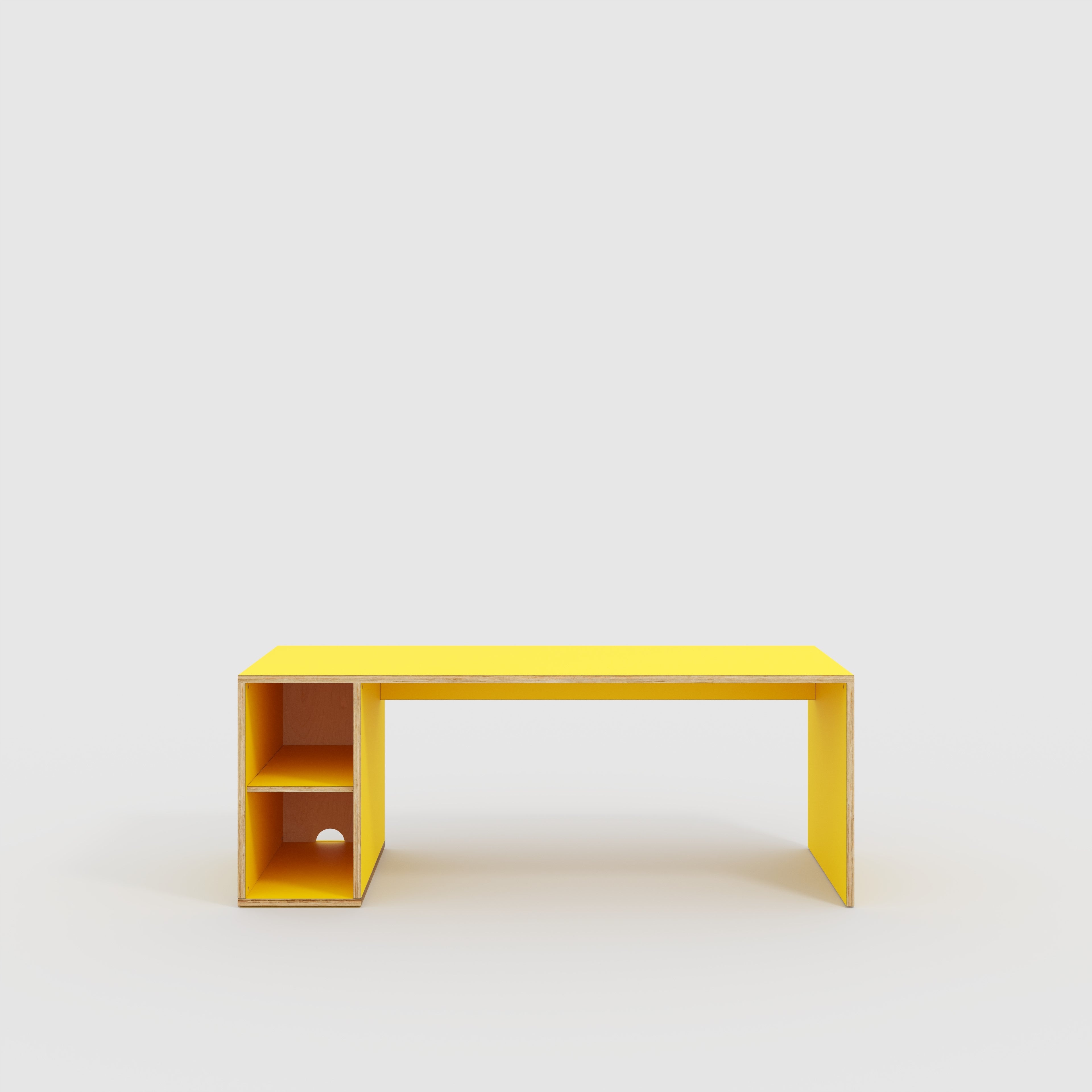 Plywood Desk with Storage Type 1 LH - Open Shelves - Formica Chrome Yellow - 2000(w) x 800(d) x 750(h)