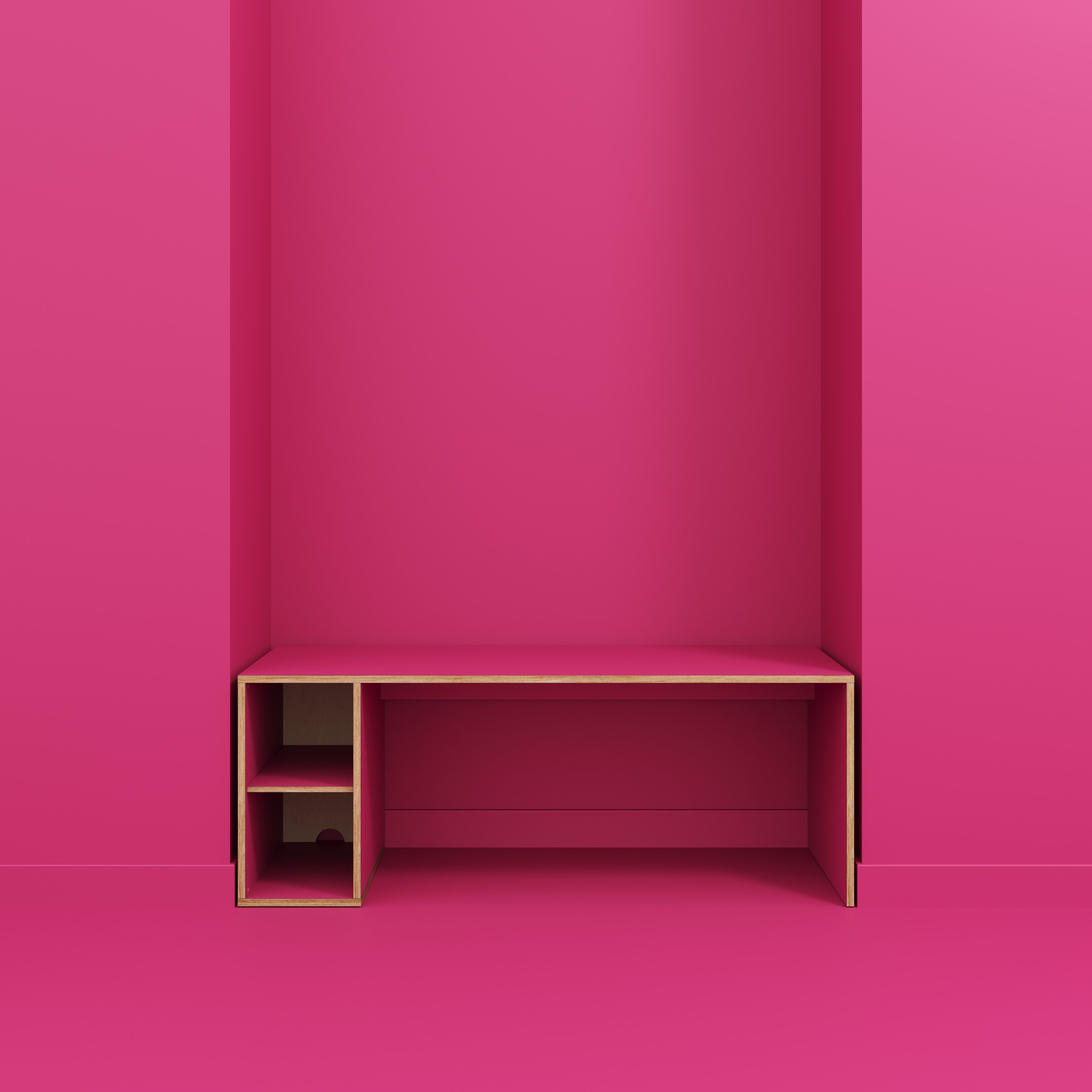 Plywood Desk with Storage Type 1 LH - Open Shelves - Formica Juicy Pink - 2000(w) x 800(d) x 750(h)