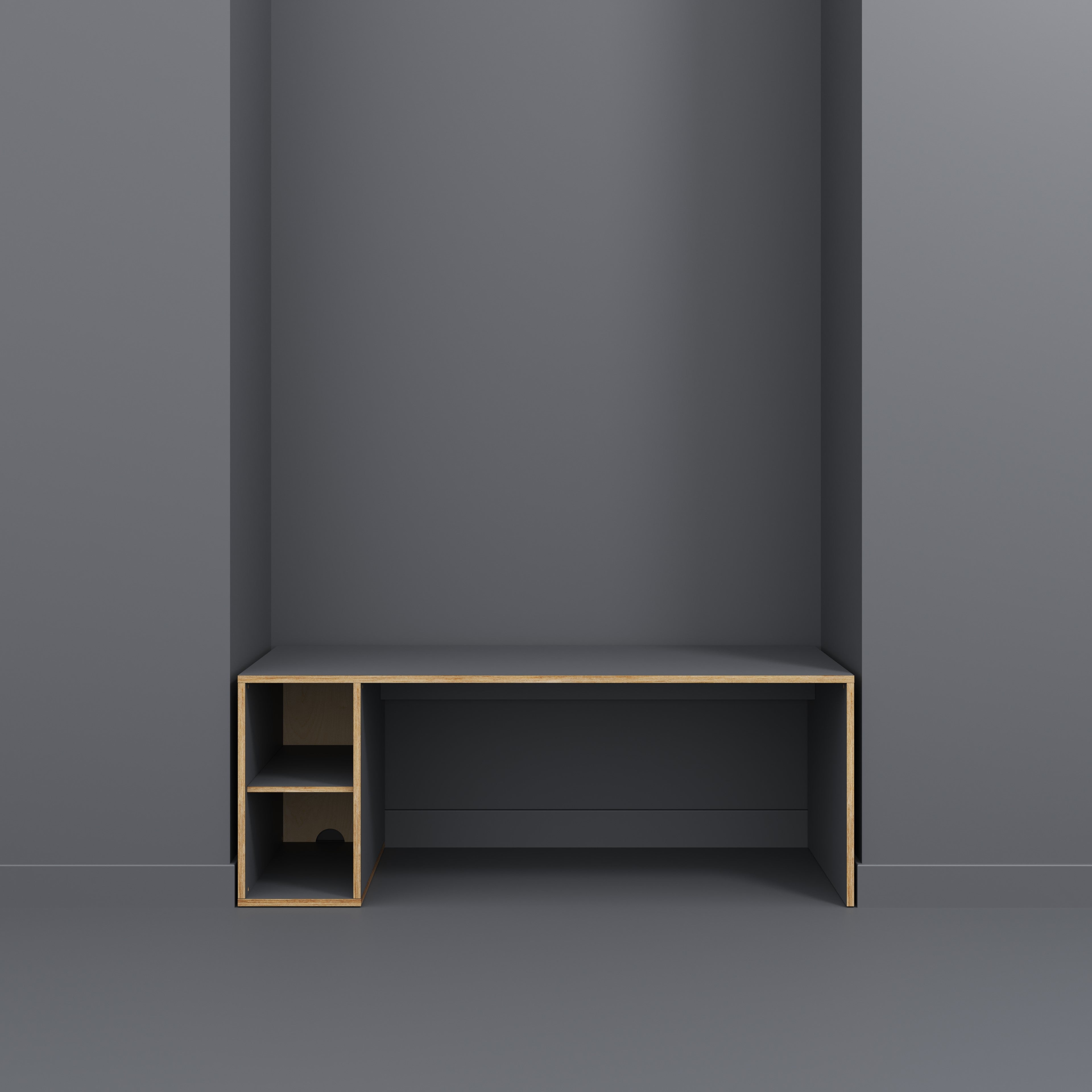 Plywood Desk with Storage Type 1 LH - Open Shelves - Formica Tornado Grey - 2000(w) x 800(d) x 750(h)