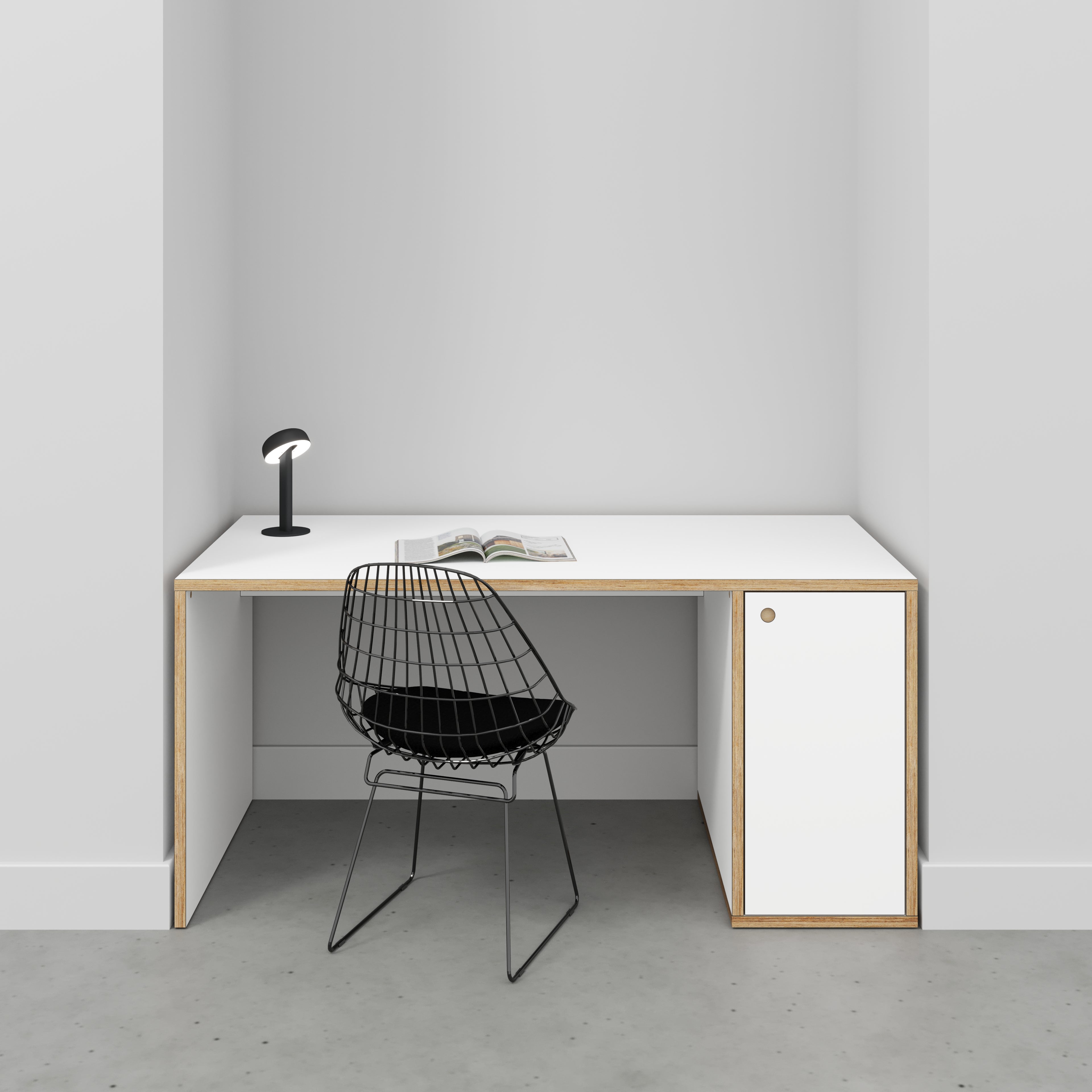 Plywood Desk with Storage Type 1 RH - Door - Formica White - 1600(w) x 800(d) x 750(h)
