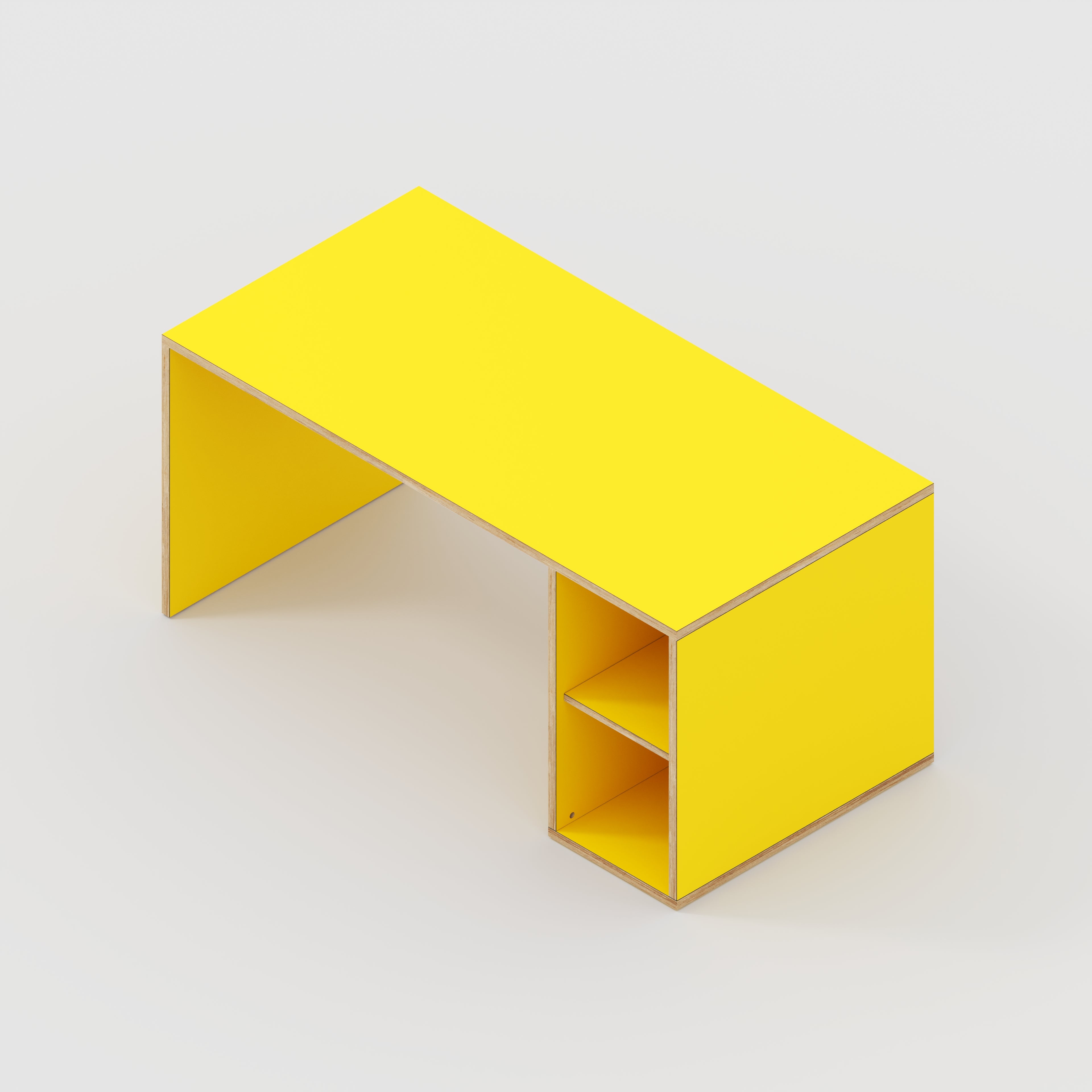 Plywood Desk with Storage Type 1 RH - Open Shelves - Formica Chrome Yellow - 1600(w) x 800(d) x 750(h)