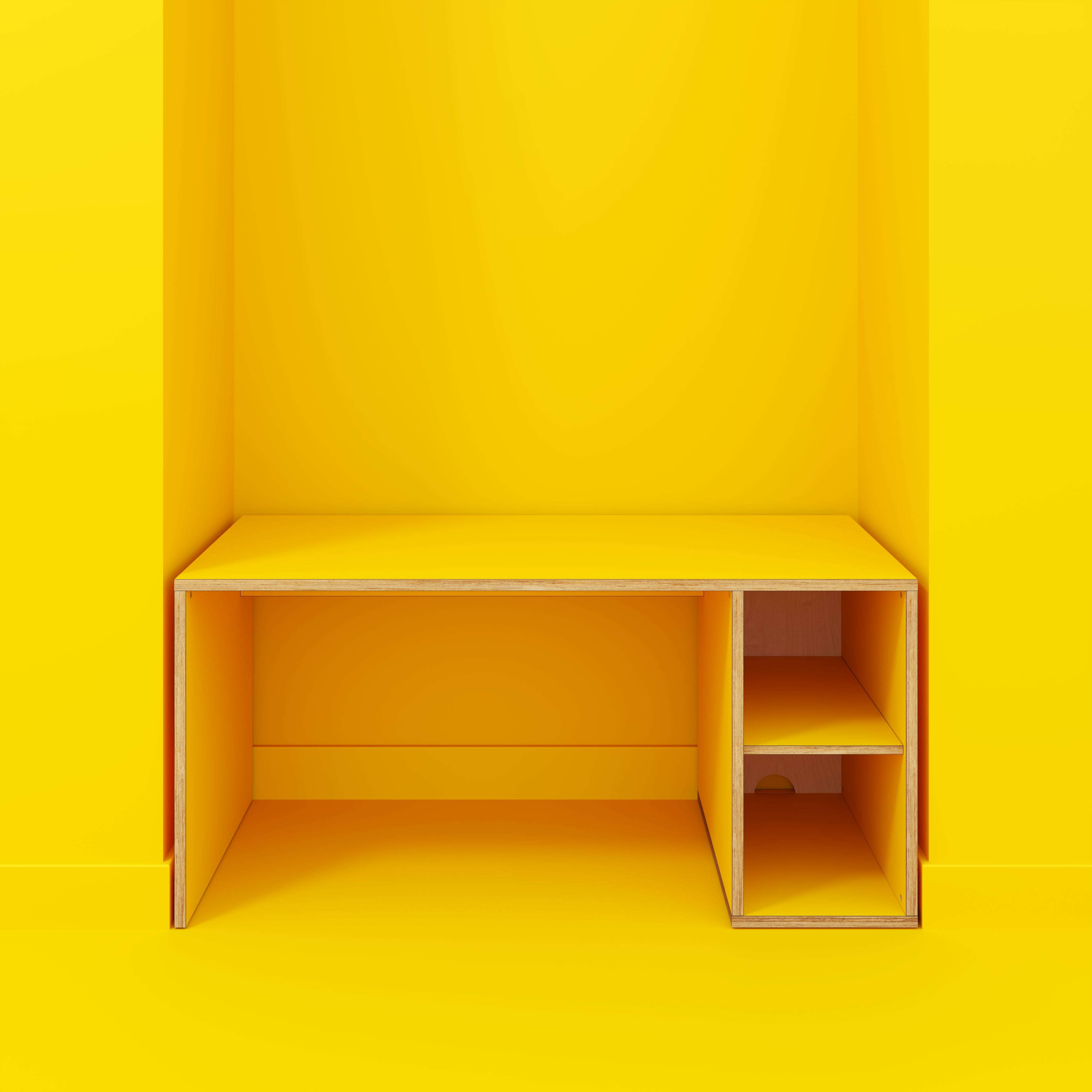 Plywood Desk with Storage Type 1 RH - Open Shelves - Formica Chrome Yellow - 1600(w) x 800(d) x 750(h)