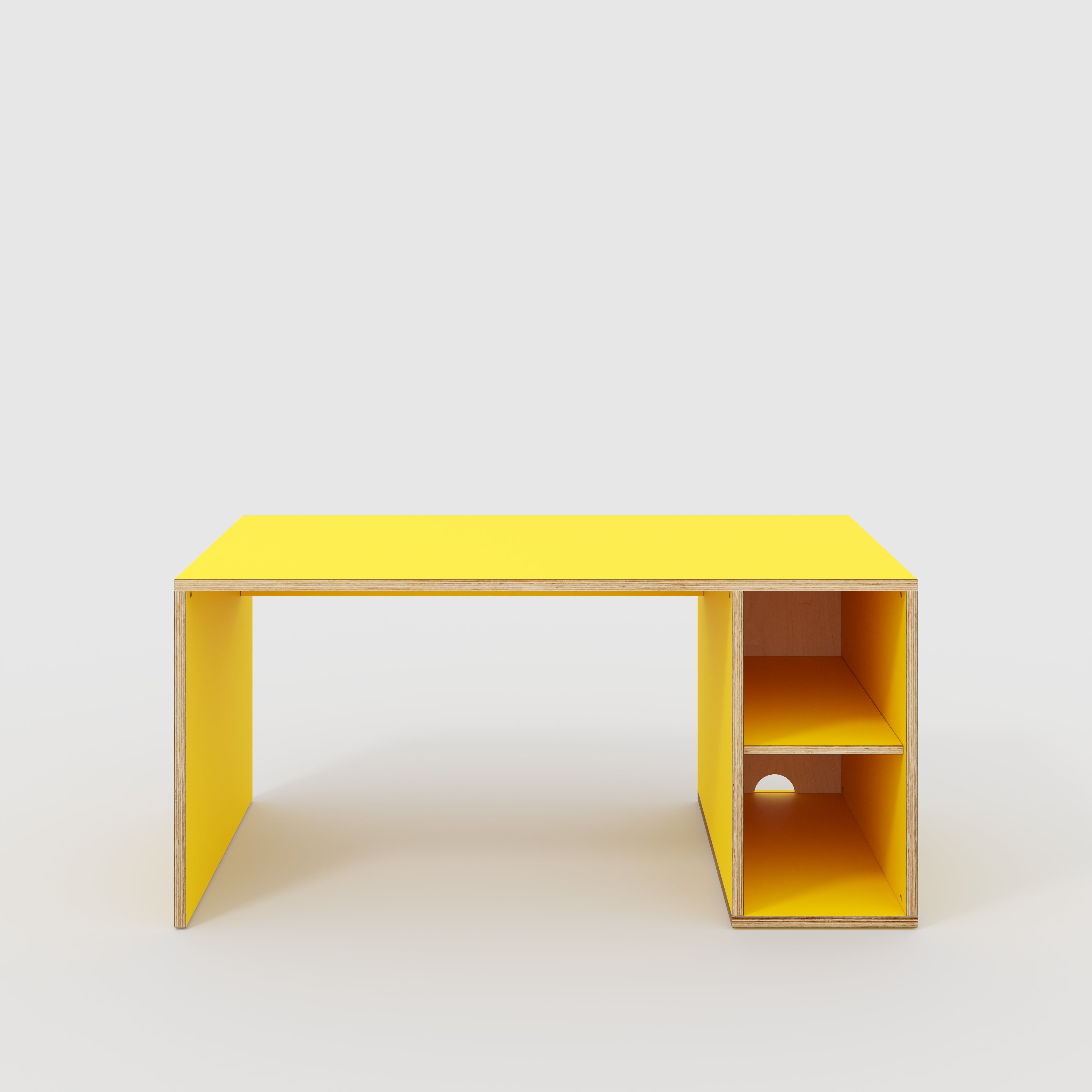 Plywood Desk with Storage Type 1 RH - Open Shelves - Formica Chrome Yellow - 1600(w) x 800(d) x 750(h)