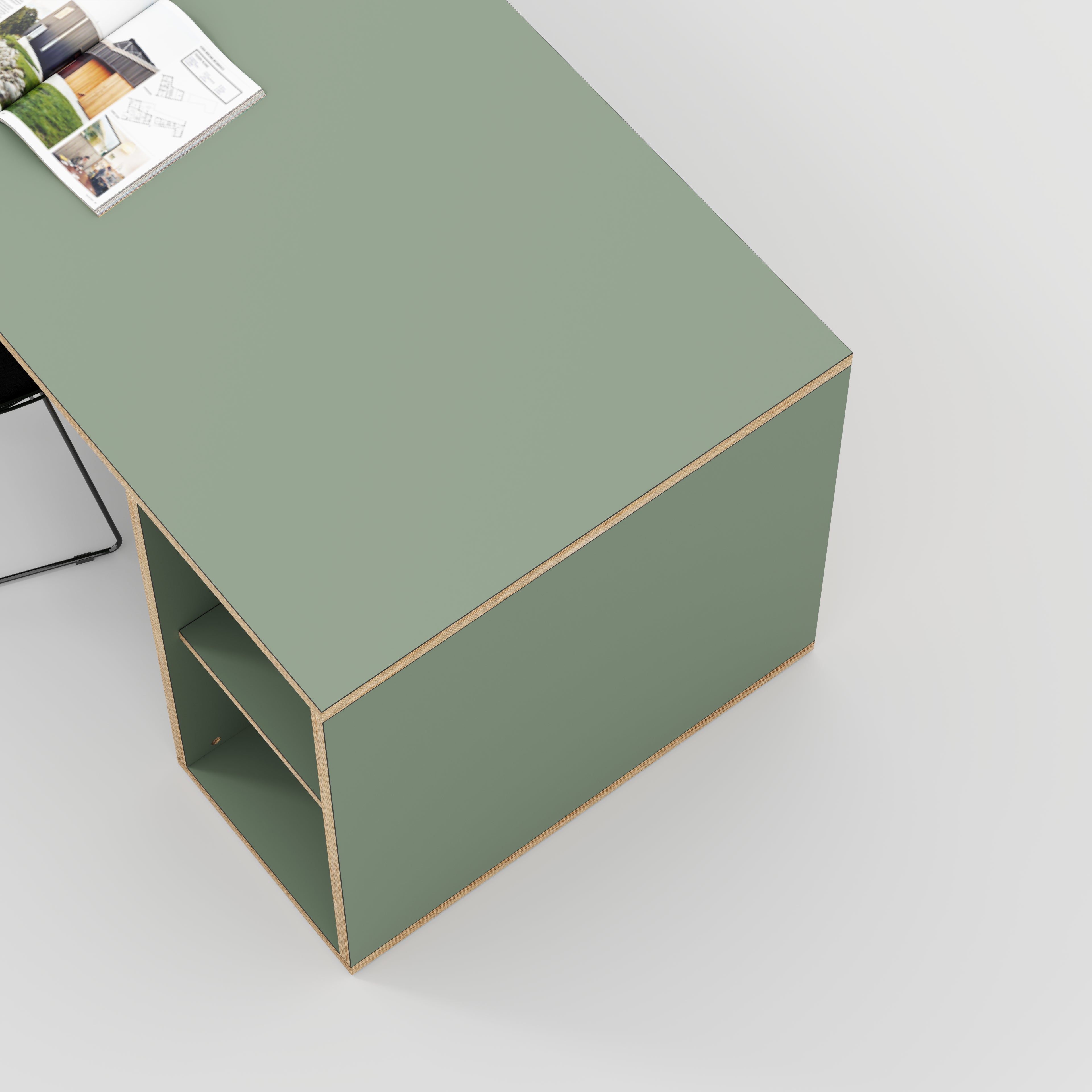 Plywood Desk with Storage Type 1 RH - Open Shelves - Formica Green Slate - 1600(w) x 800(d) x 750(h)