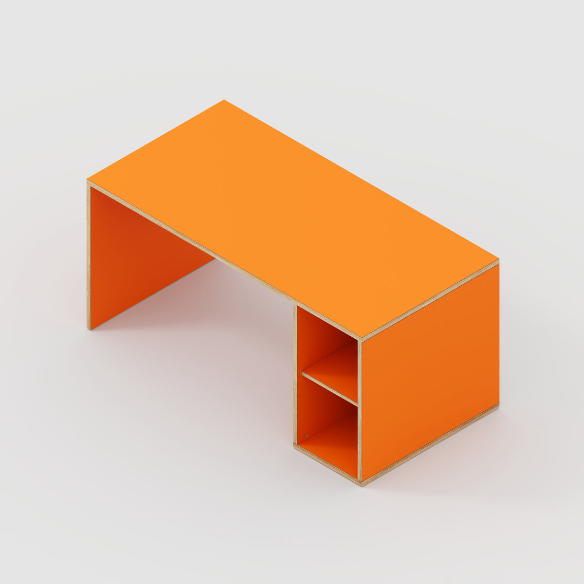 Plywood Desk with Storage Type 1 RH - Open Shelves - Formica Levante Orange - 1600(w) x 800(d) x 750(h)