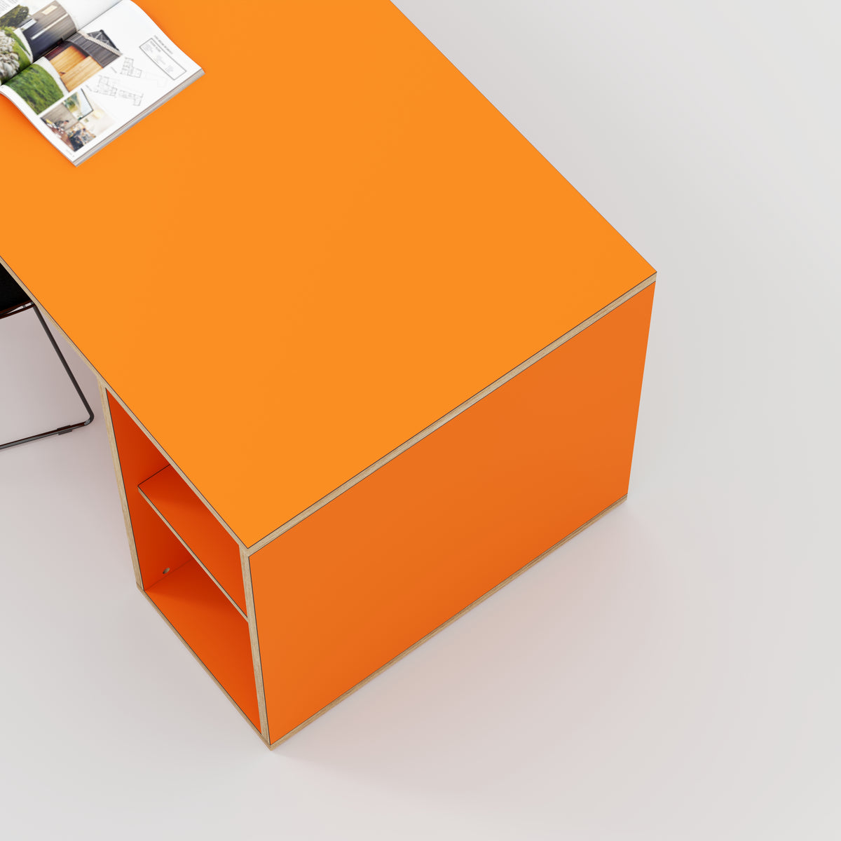 Plywood Desk with Storage Type 1 RH - Open Shelves - Formica Levante Orange - 1600(w) x 800(d) x 750(h)