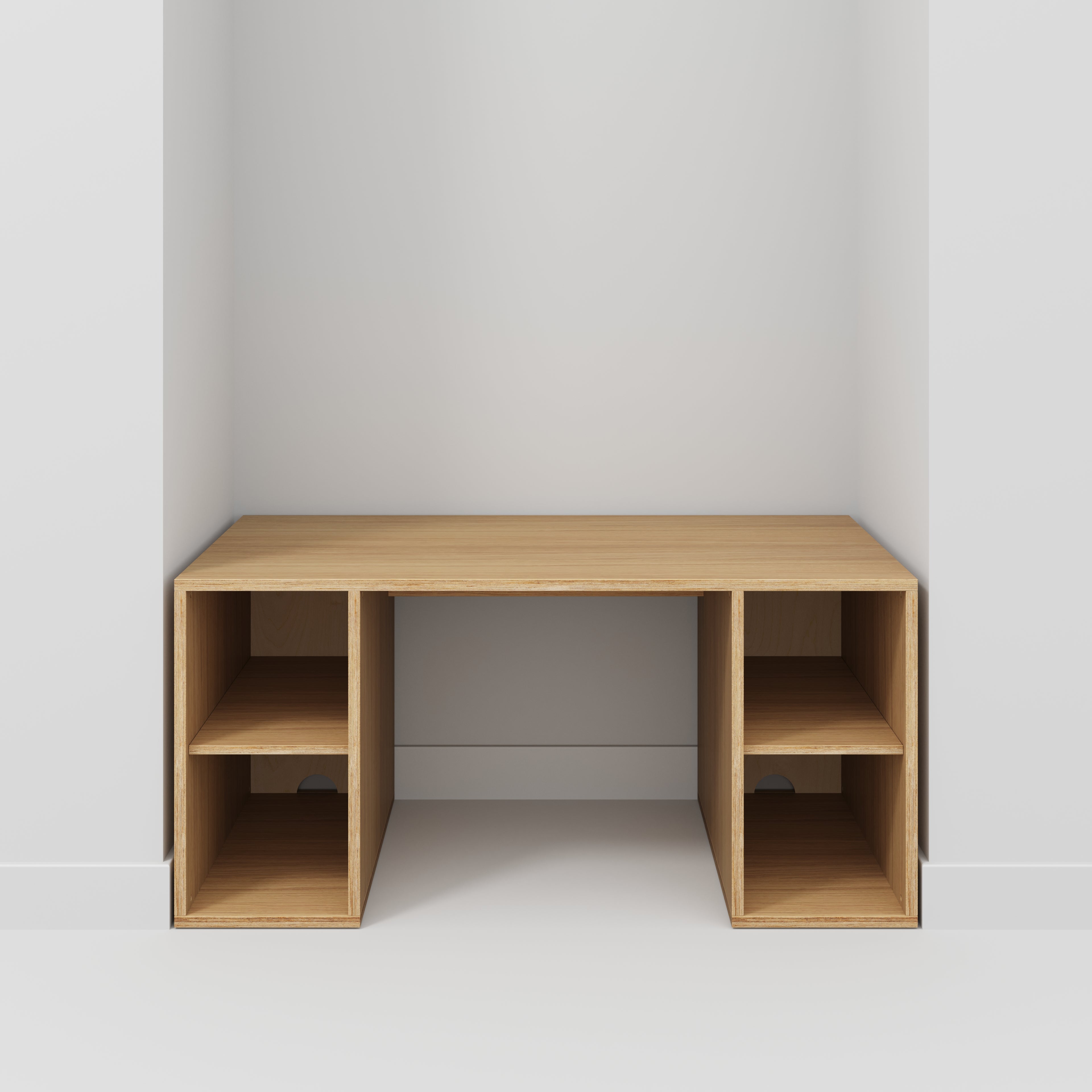 Plywood Desk with Storage Type 2 - Open Shelves - Plywood Oak - 1600(w) x 800(d) x 750(h)