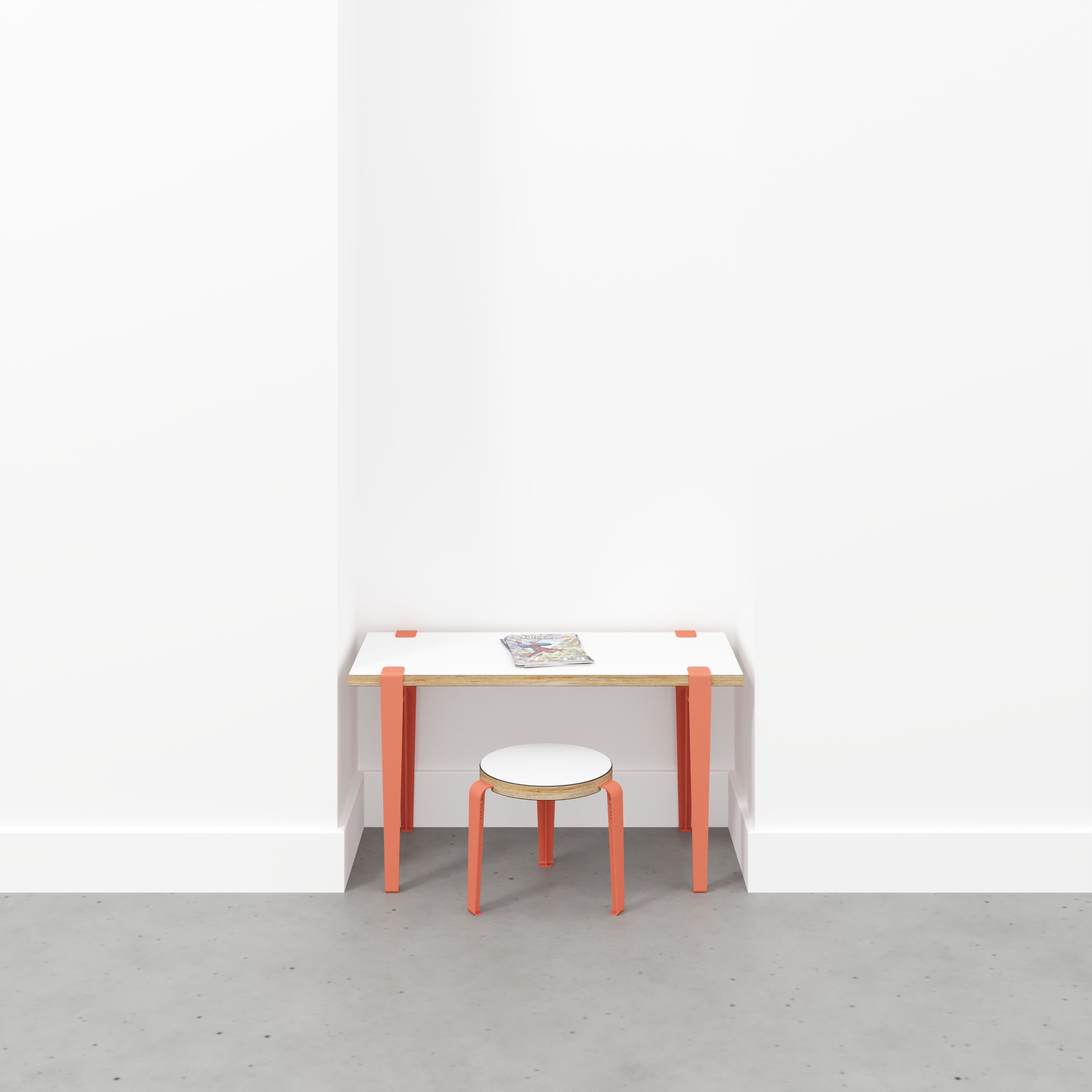 Plywood Kids Desk with Flamingo Pink Tiptoe Legs - Formica White - 800(w) x 400(d) x 500(h)