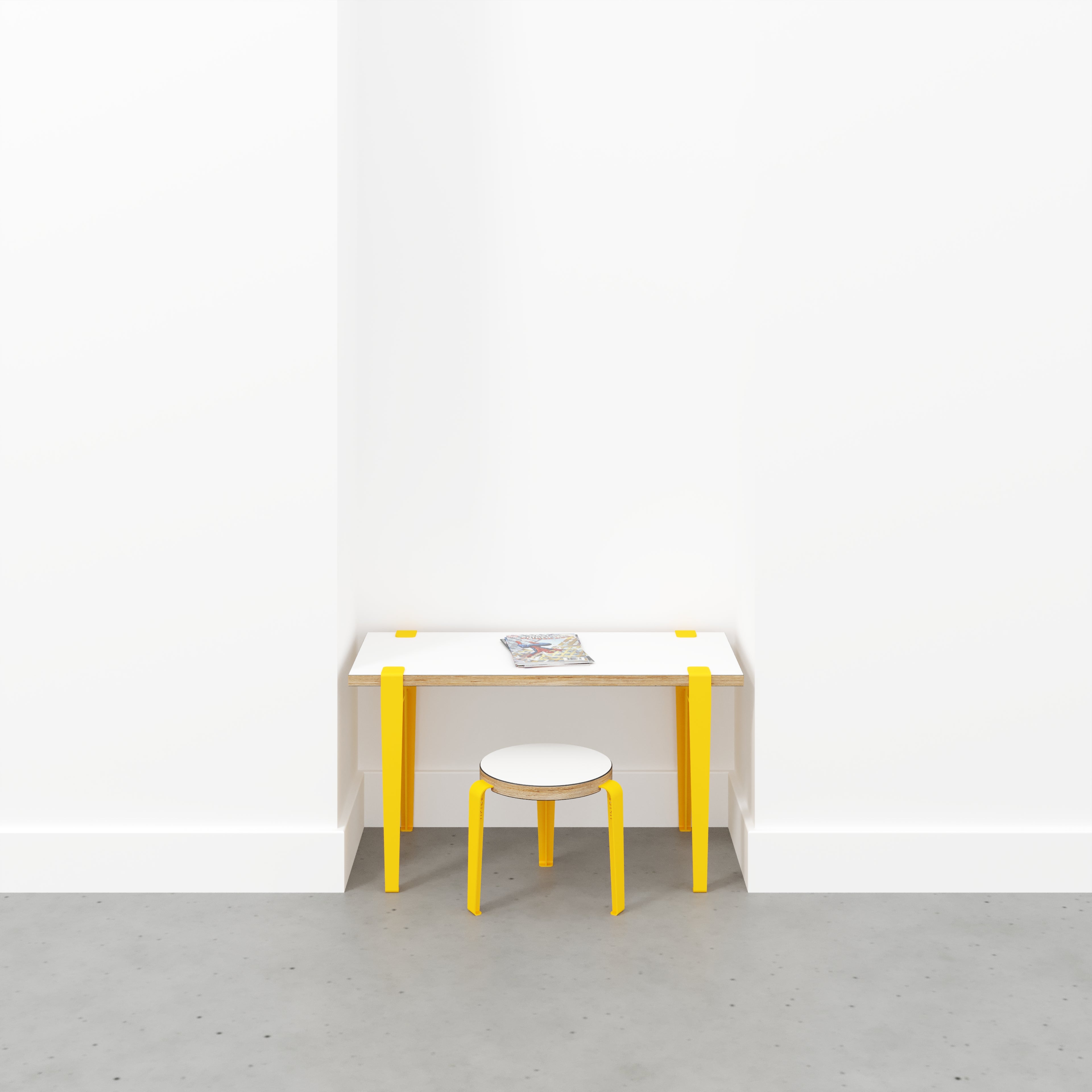 Plywood Kids Desk with Sun Yellow Tiptoe Legs - Formica White - 800(w) x 400(d) x 500(h)
