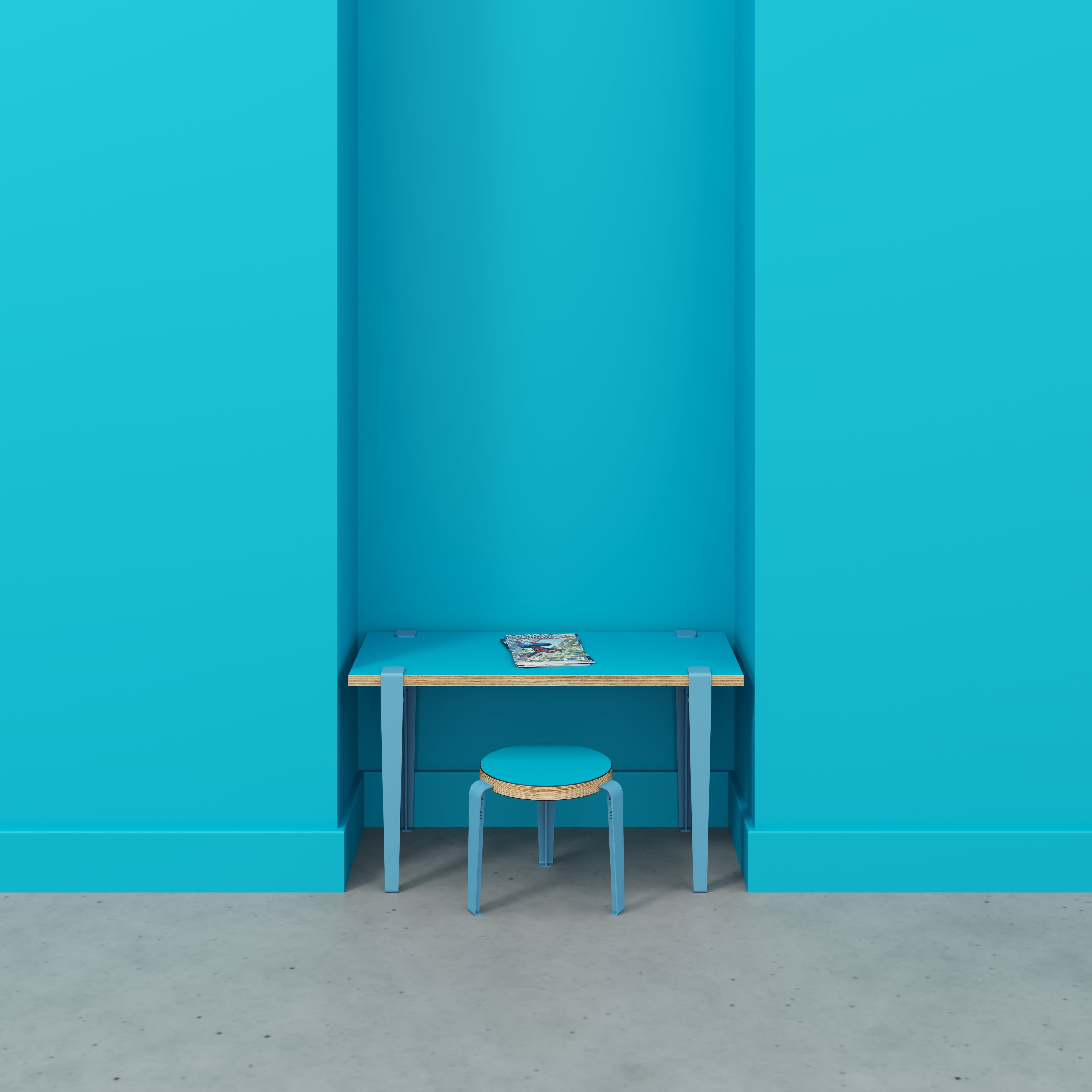 Plywood Kids Desk with Whale Blue Tiptoe Legs - Formica Caribbean Blue - 800(w) x 400(d) x 500(h)