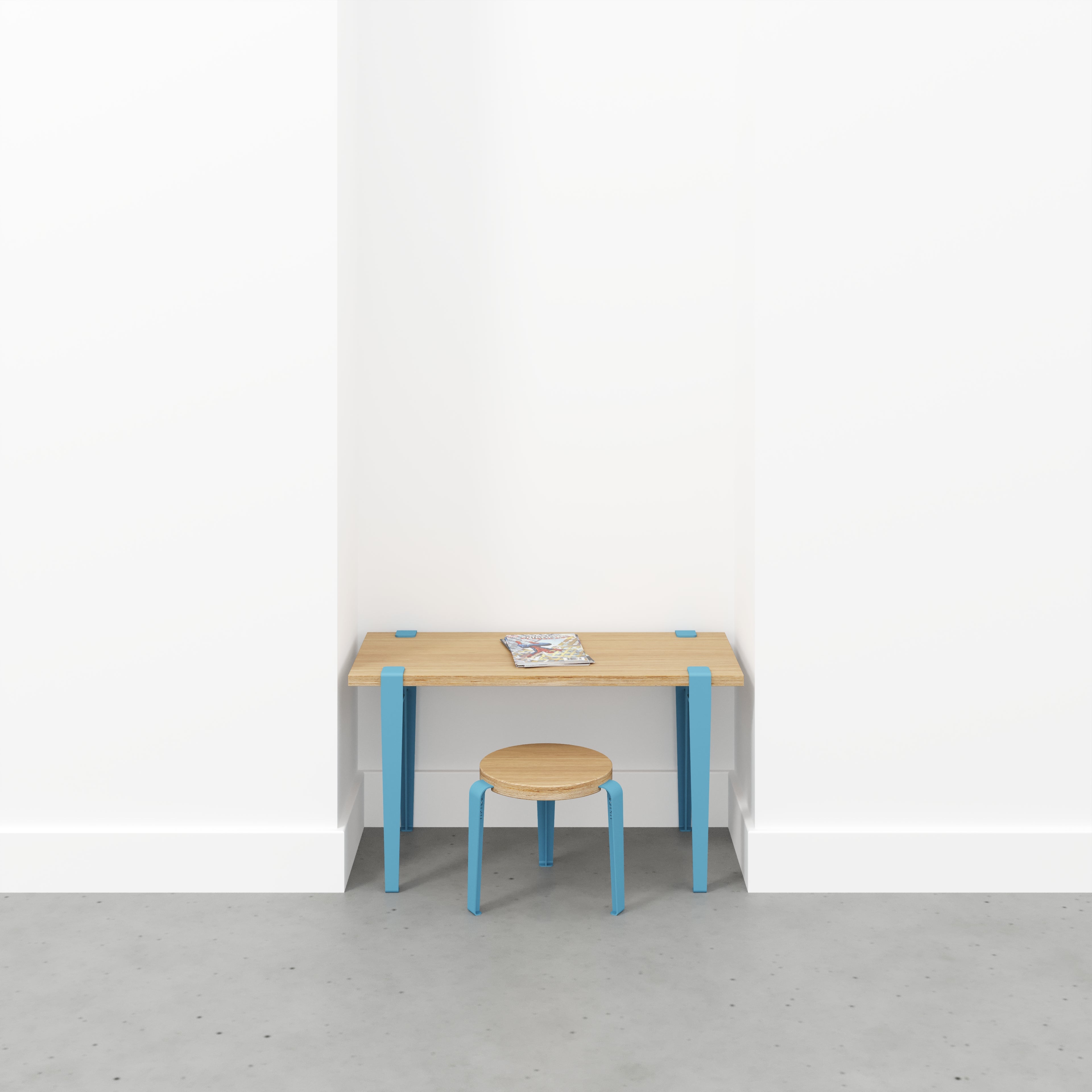 Plywood Kids Desk with Whale Blue Tiptoe Legs - Plywood Oak - 800(w) x 400(d) x 500(h)