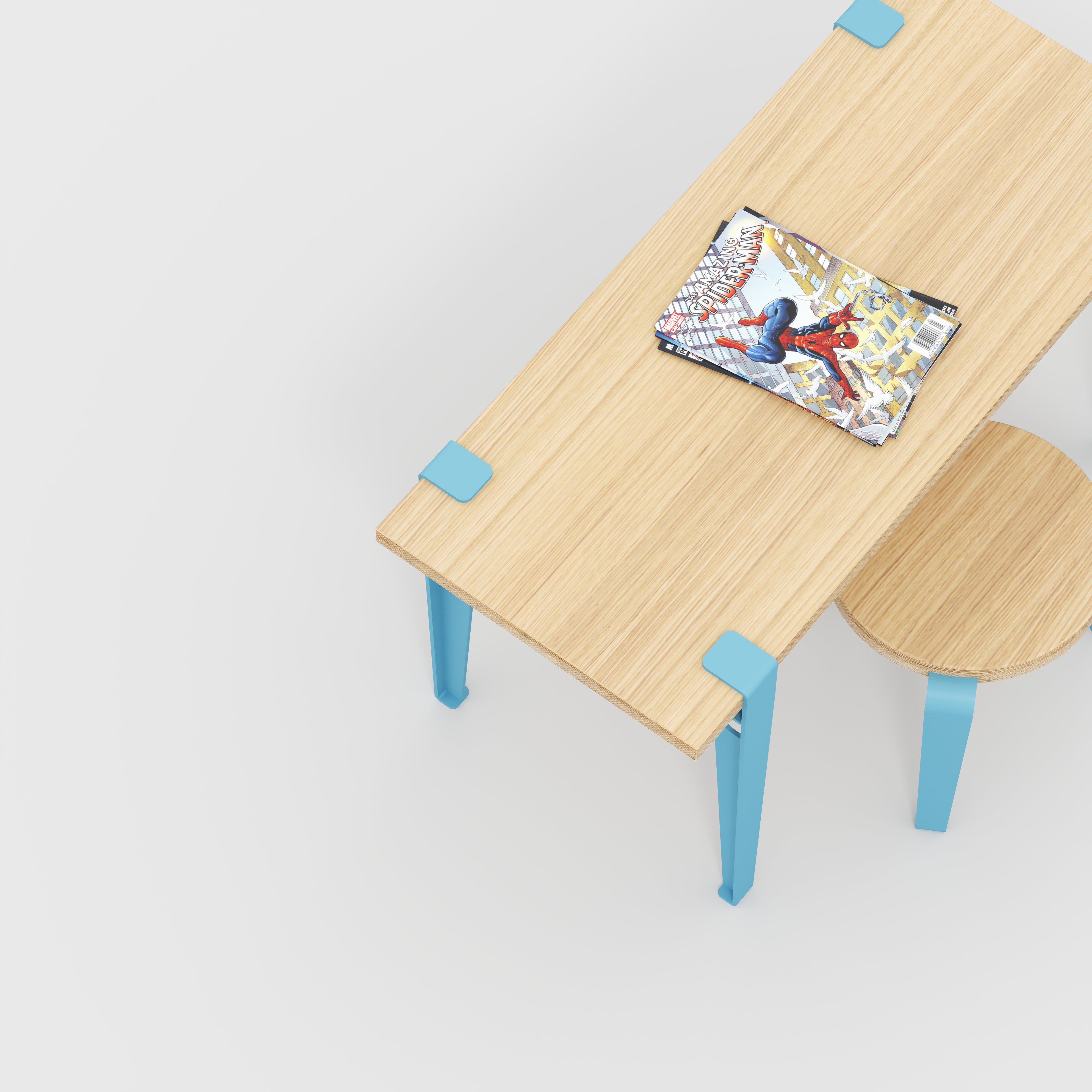 Plywood Kids Desk with Whale Blue Tiptoe Legs - Plywood Oak - 800(w) x 400(d) x 500(h)
