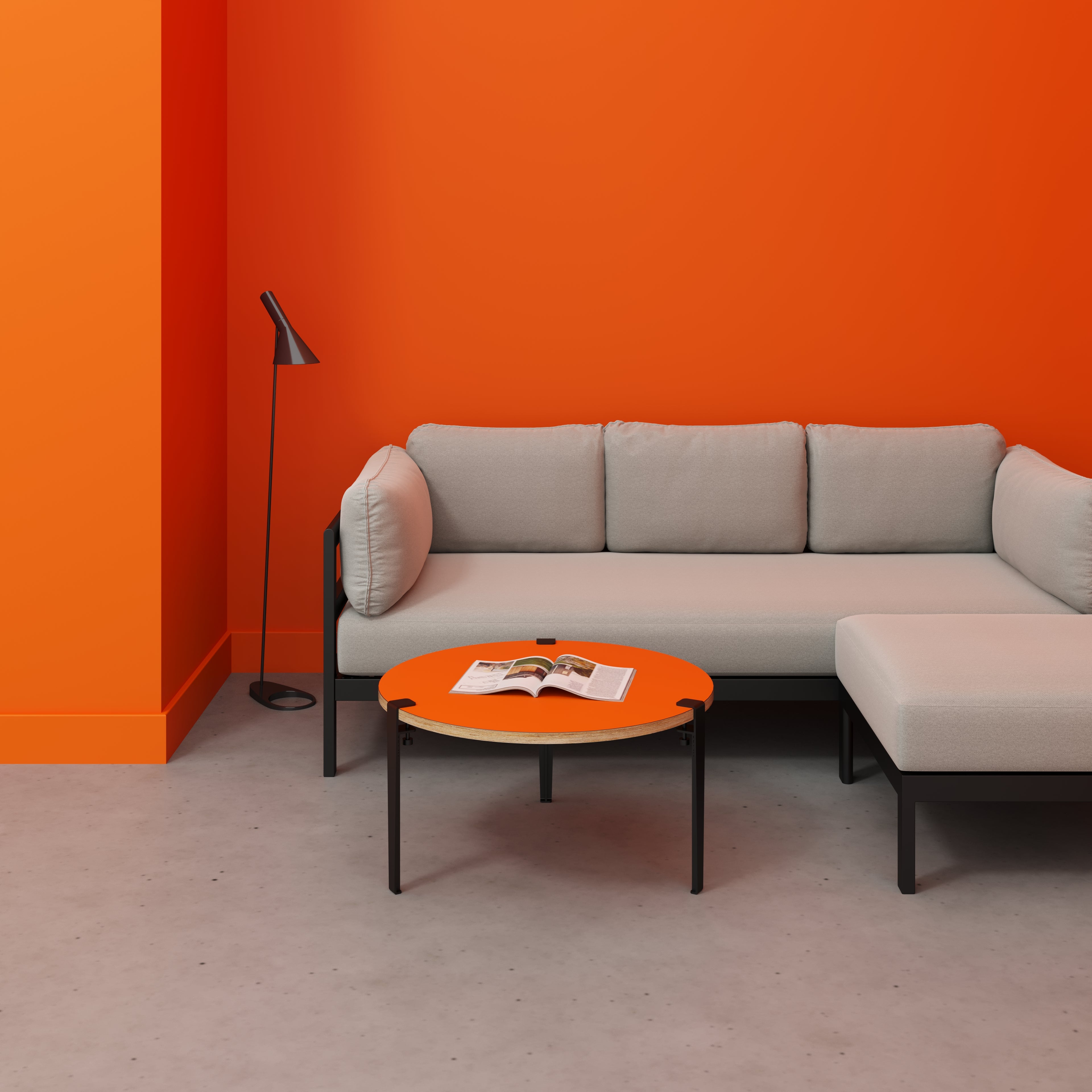 Plywood Round Coffee Table with Black Tiptoe Legs - Formica Levante Orange - 800(dia) x 430(h)