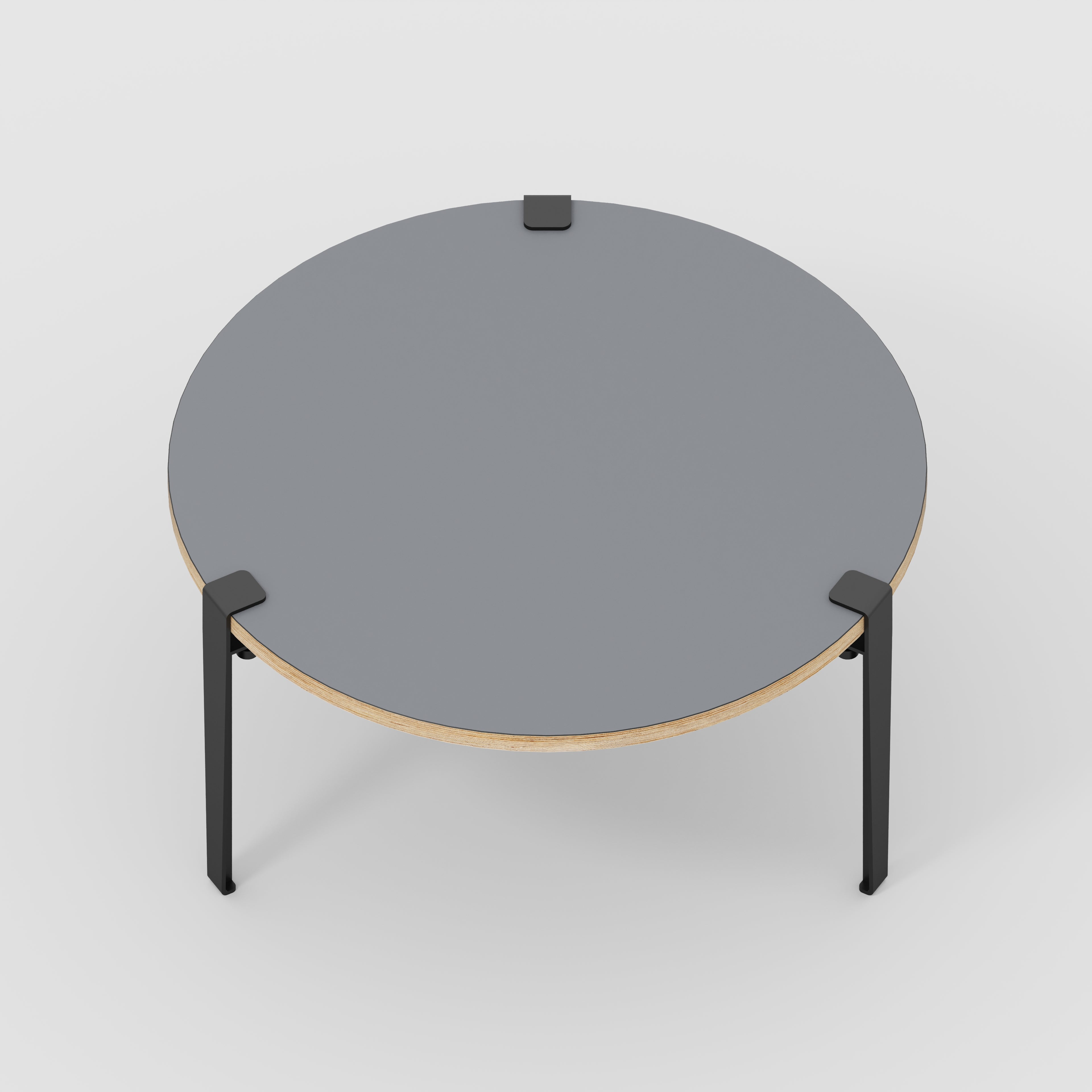 Plywood Round Coffee Table with Black Tiptoe Legs - Formica Tornado Grey - 800(dia) x 430(h)