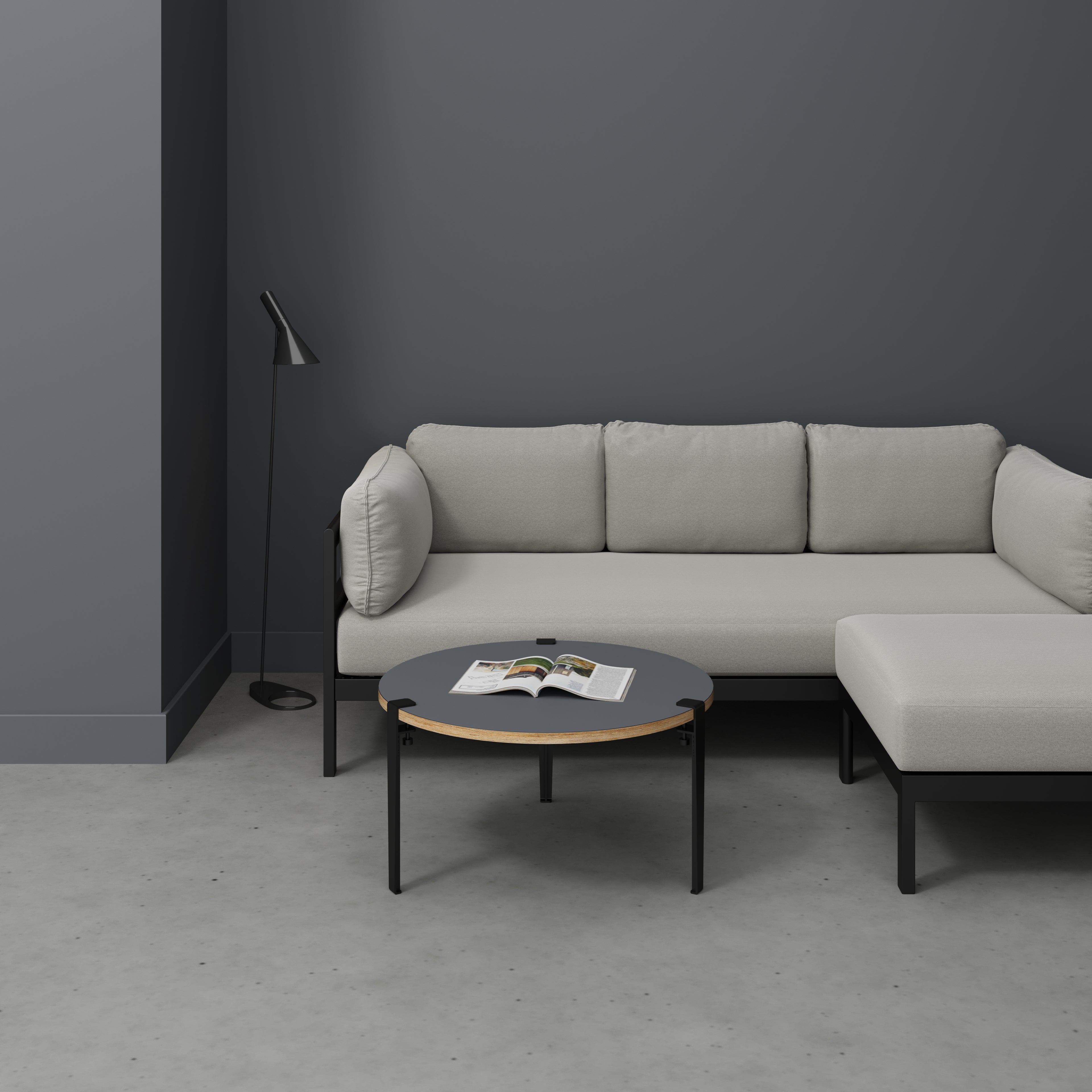 Plywood Round Coffee Table with Black Tiptoe Legs - Formica Tornado Grey - 800(dia) x 430(h)