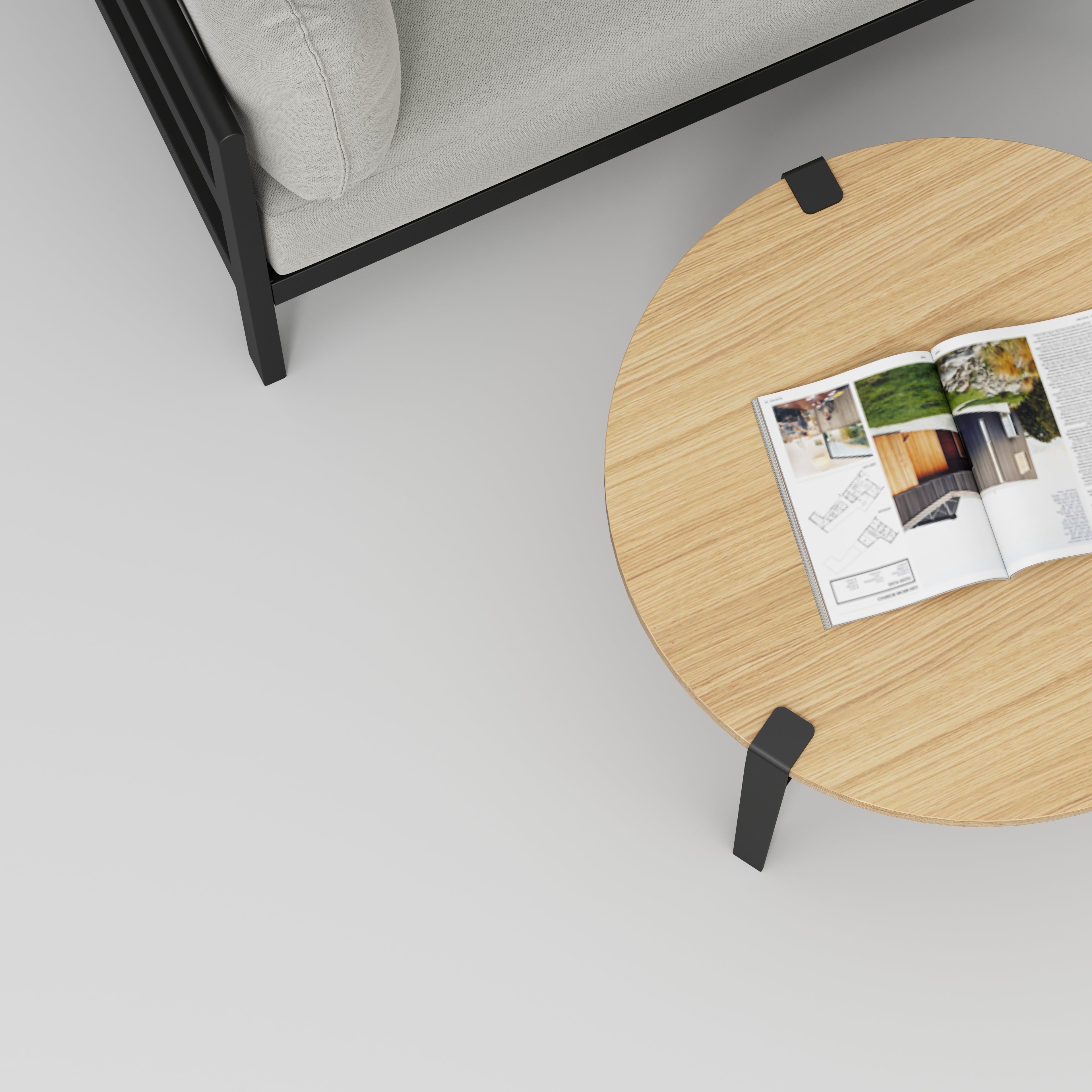 Plywood Round Coffee Table with Black Tiptoe Legs - Plywood Oak - 800(dia) x 430(h)